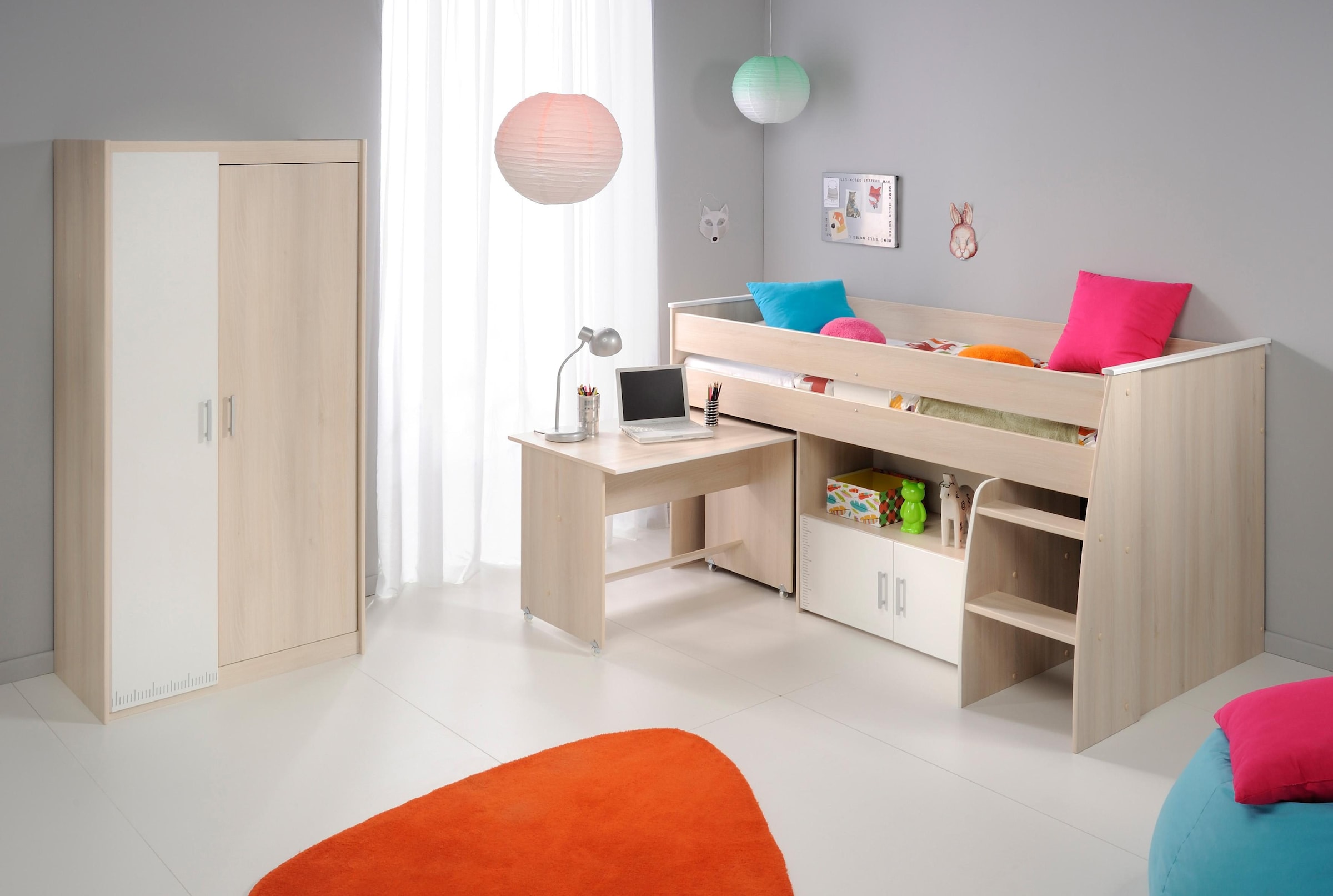 (inkl. ein Kommode), Bett und 3 Modische Parisot auf Kleiderschrank mit und Bett Schreibtisch herausziehbarem »Charly«, (Set, halbhohes Jugendzimmer-Set Schreibtisch) bestellen Rollen St., versandkostenfrei