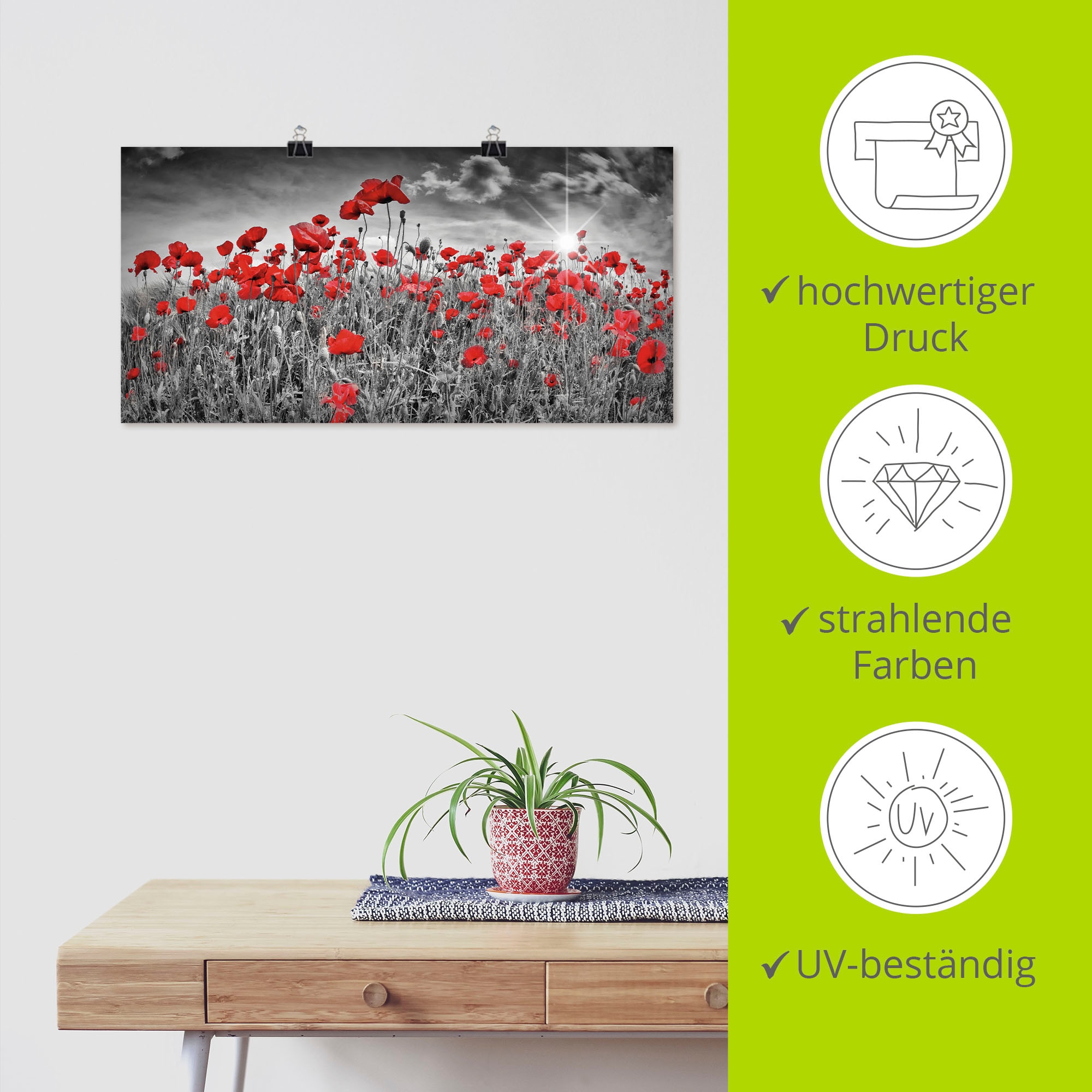 Artland Wandbild »Idyllisches Mohnblumenfeld mit Sonne« Blumen 1 Stk. tlg. als Alubild, Leinwandbild, Poster in verschied. Grössen