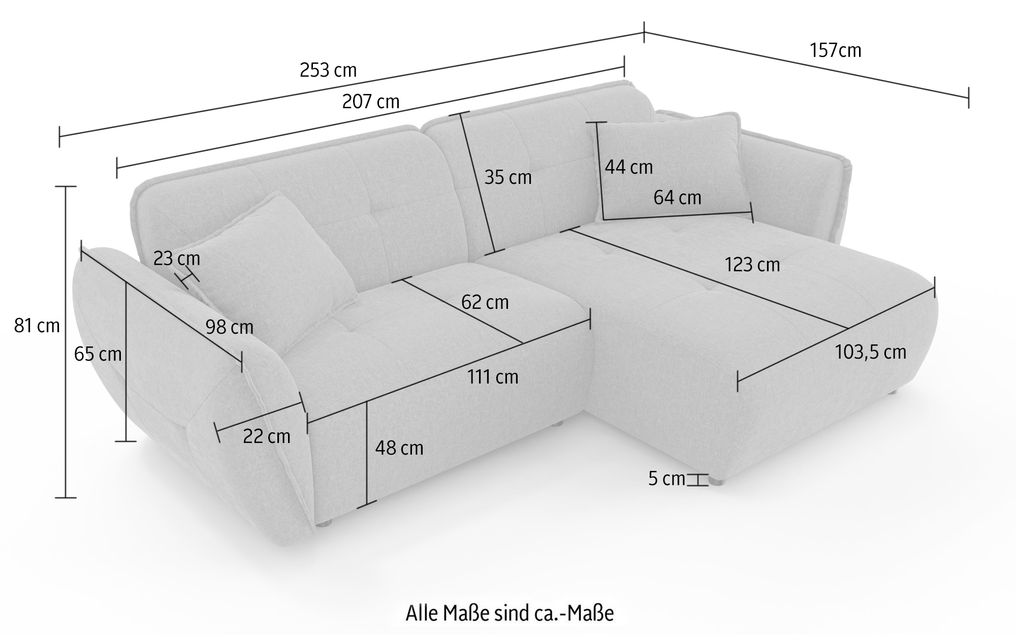 Home affaire Ecksofa »MIRELDA L-Form mit Steppungen, Recamiere rechts/links, Breite 253 cm« Sitztiefe 62 cm, elegant und bequem, 2 Zierkissen, belastbar bis 480kg
