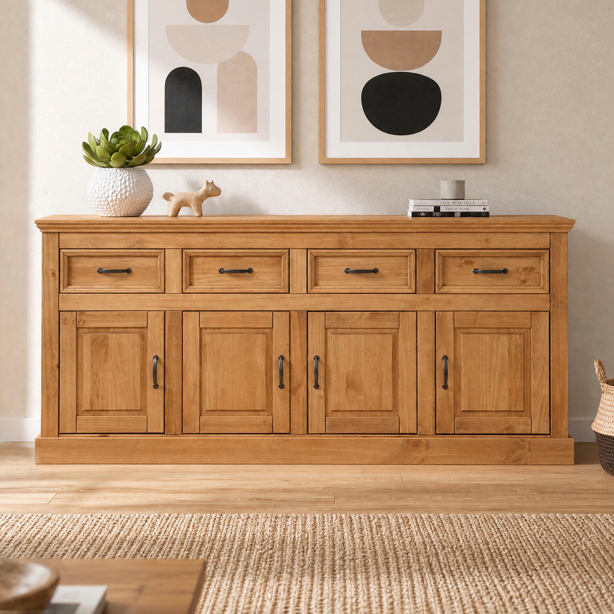 Image of GOODproduct Sideboard "Selma Kommode mit 4 Türen und 4 Schubladen, Metallgriffe" massives Kiefernholz, eine natürlichen Maserung. dekorative Fräsung