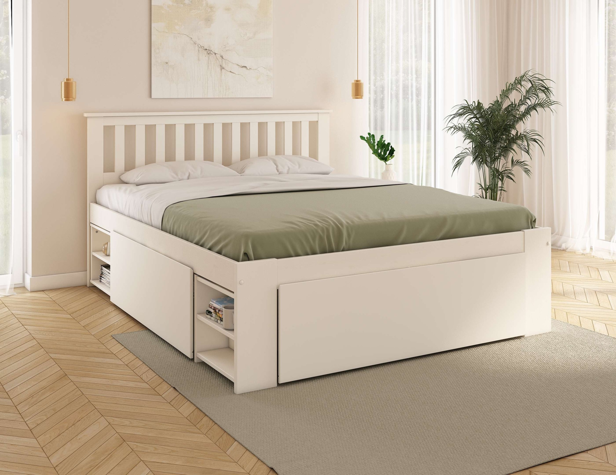 GOODproduct Massivholzbett »Kallvin, platzsparend, 3 Bettkästen, Nachtschränke ausziehbar« inklusive Lattenrost, ideal fürs Jugendzimmer und kleine Räume, FSC®