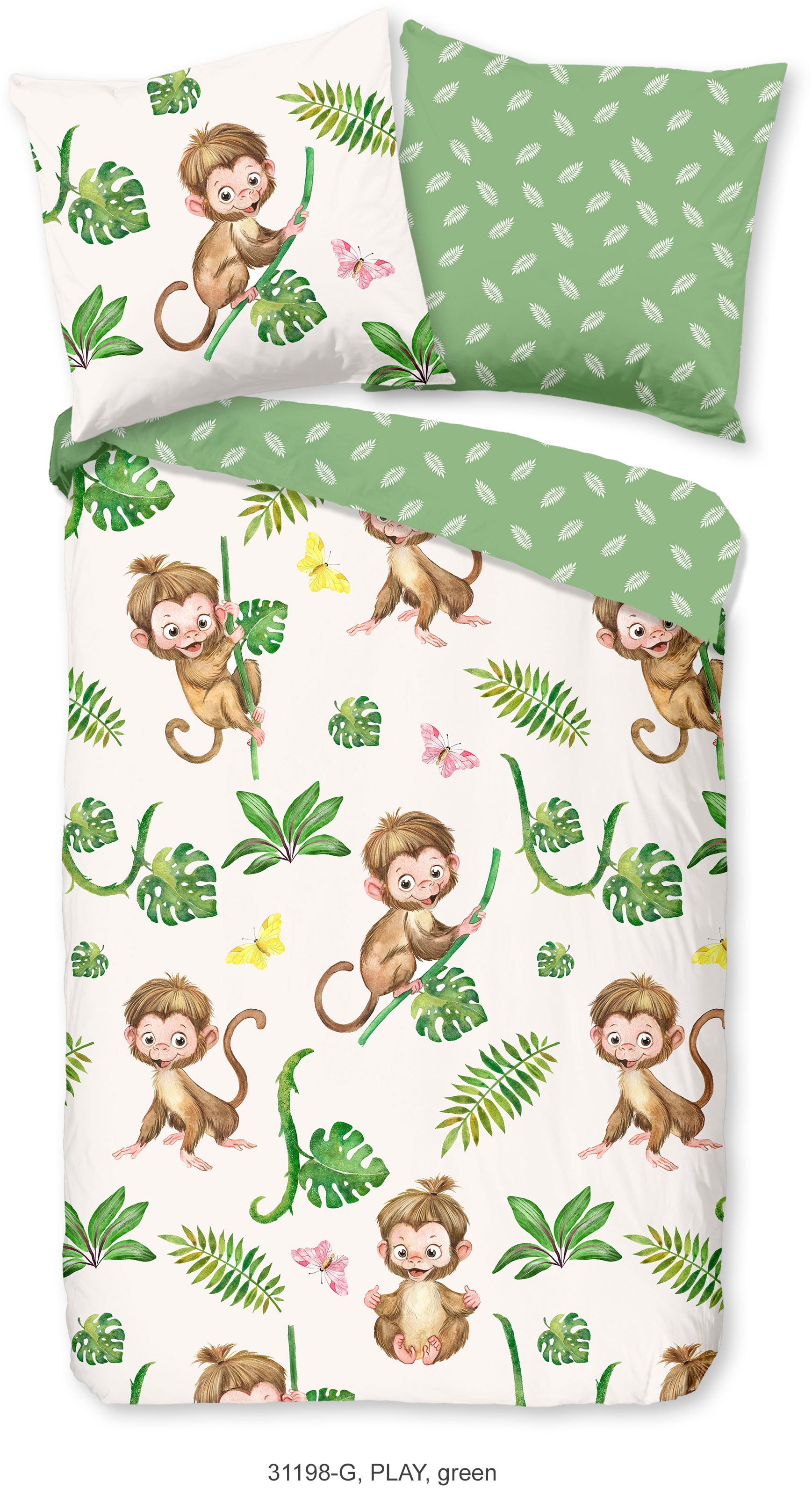 good morning Kinderbettwäsche »Play«, 100% Baumwolle, 135x200, Reissverschluss, Wendeoptik, Kind, Affe, Grün