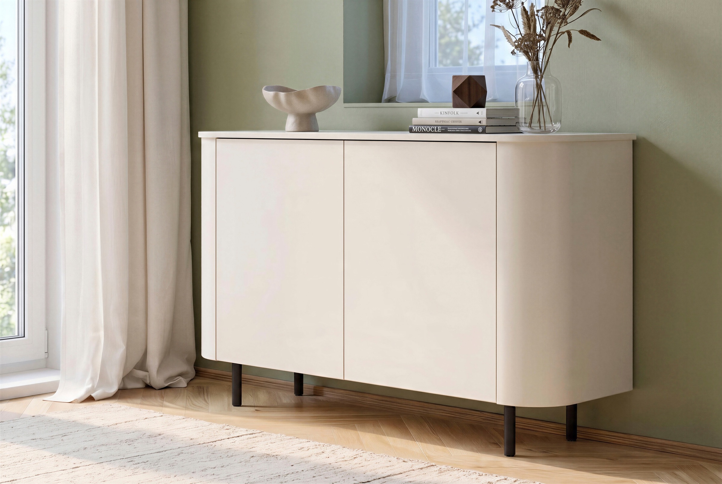 Image of GOODproduct Sideboard "Lido, 181 cm breit, 3 Türen, Anrichte, Kommode, Stauraumschrank" Formgebogenes MDF, Stirnseiten mit Rundung, Push-to-open, Metallfüsse
