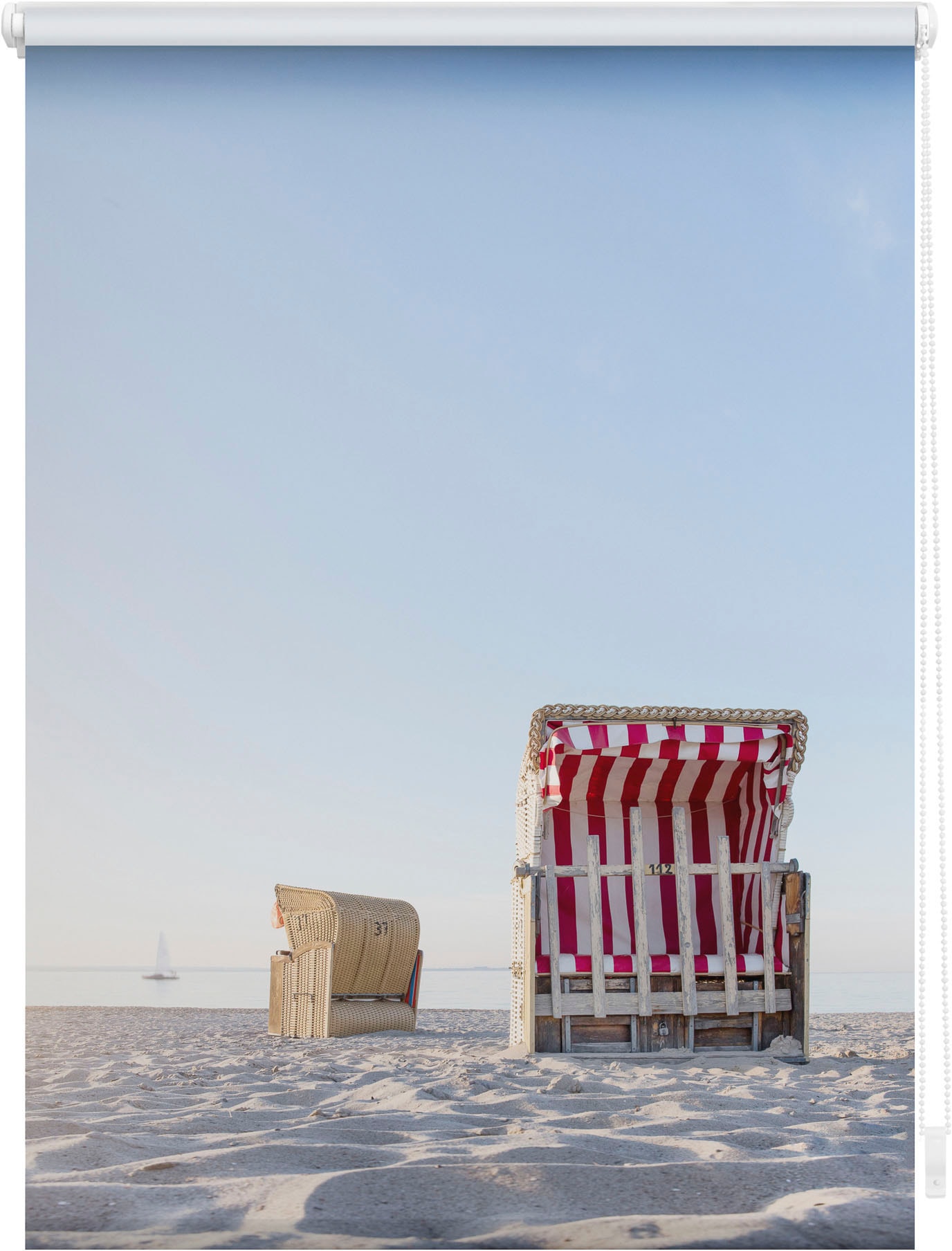 Image of LICHTBLICK ORIGINAL Seitenzugrollo "Rollo Klemmfix, ohne Bohren, Verdunkelung, Strandkorb - Blau Beige" verdunkelnd Verdunkelung energiesparend freihängend