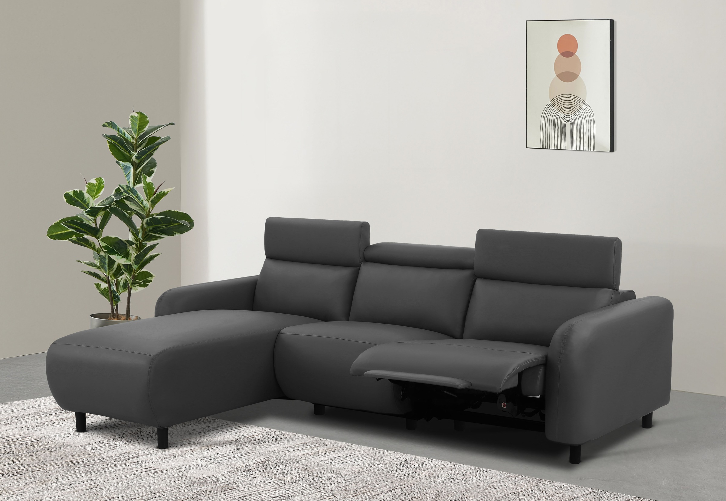Home affaire Ecksofa »SKAANE Lederoptik, L-Form, 274 cm, manuelle/elektrische Relaxfunktion,« rundes Design, Kopfteilverstellung, Federkernpolsterung