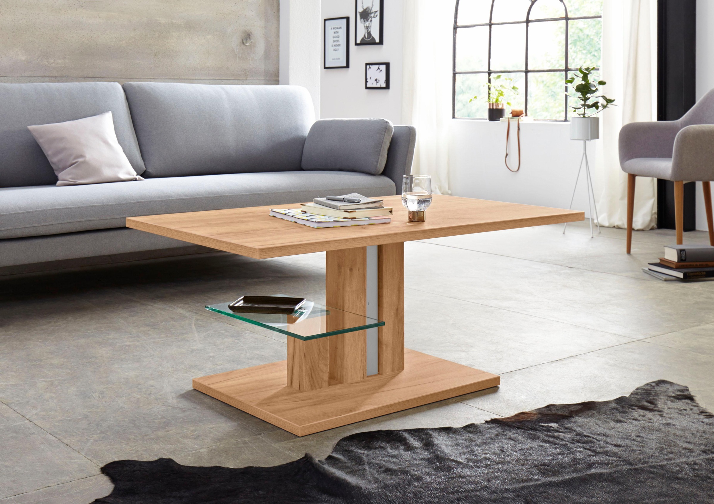 Image of PRO Line Couchtisch »Bergamo«, mit Funktion, höhenverstellbar mit Lift, Bodenplatte, Ablageboden aus Glas, Platte und Gestell aus Holz, rechteckig bei Ackermann Versand Schweiz