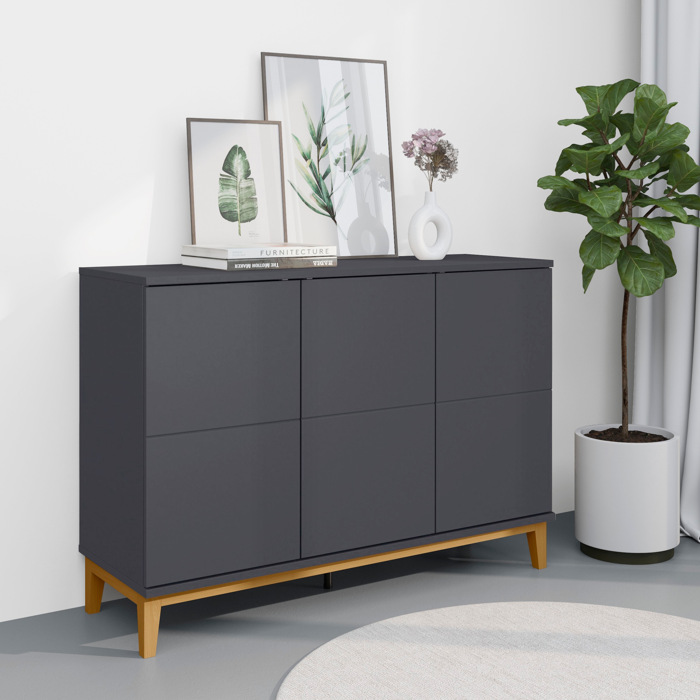 GOODproduct Buffet »Maryd Kommode mit 3 grifflose Türen und 2 verstellbare Einlegeböden« Commode, structure imitation bois, largeur 120 cm