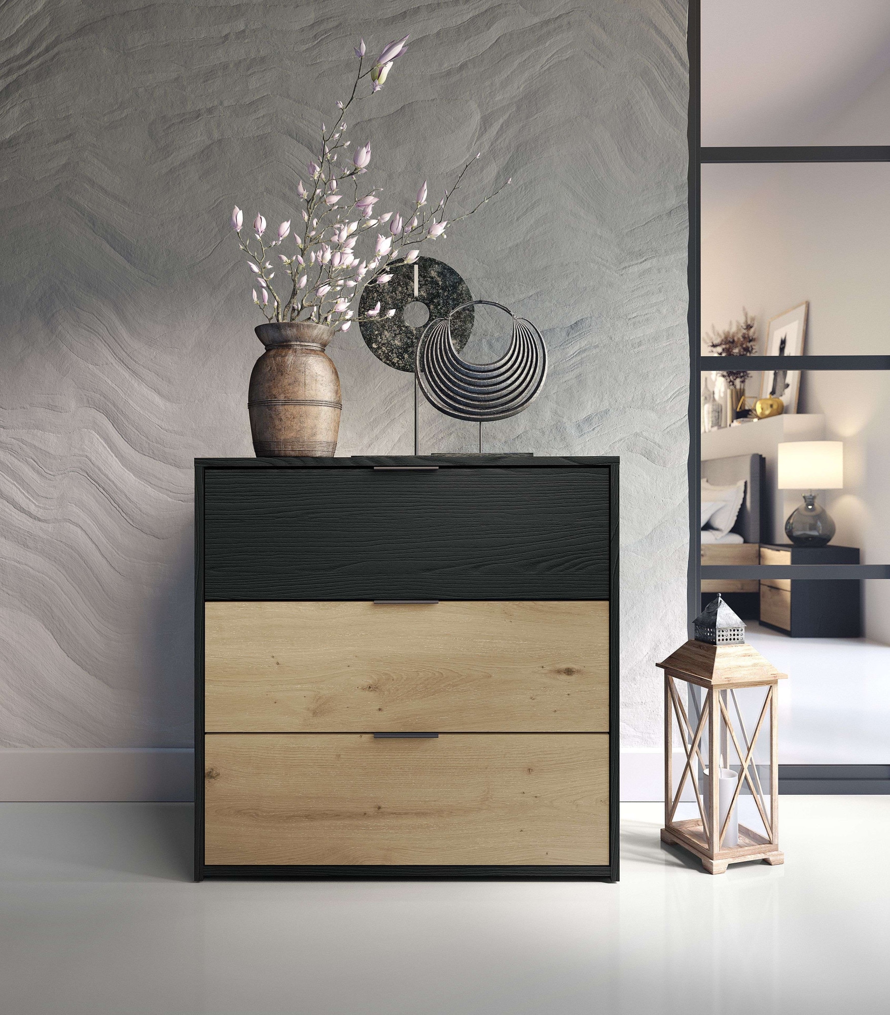 Image of Home affaire Kommode "PERY Sideboard mit 3 Schubladen, Masse B/T/H: 80/40/79 cm" Moderner Schubladenschrank mit viel Stauraum und schwarzen Griffen