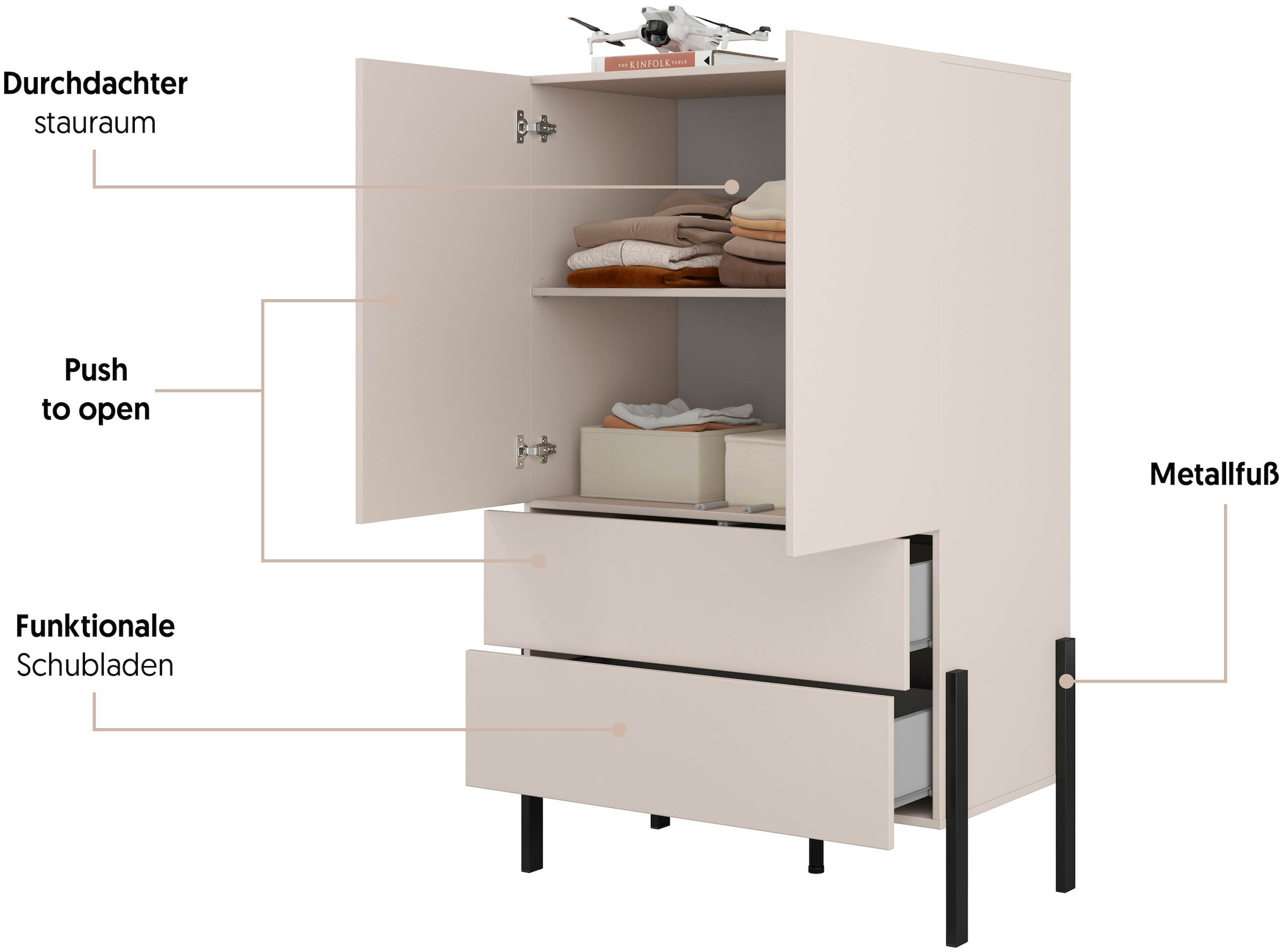 Home affaire Wäscheschrank »Jukon, moderner griffloser Kleiderschrank, Metallfüsse, Made in Europe«, (90x150x50, ideal für kleine Räume oder Nischen), Mehrzweckschrank,2 Schubladen, 2 Türen, FSC-zertifiziert