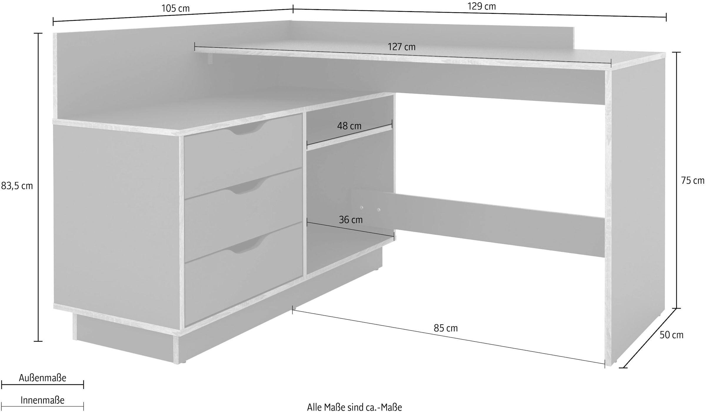 byLIVING Eckschreibtisch »Bern«, mit viel Stauraum, Breite 129 cm, rechts oder links montierbar