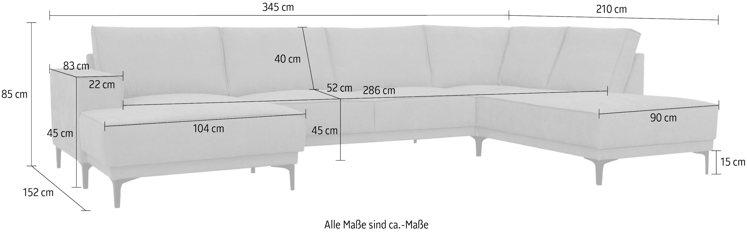 Places of Style Wohnlandschaft »XXL Sofa Oland, Struktur, Flachgewebe, Luxus-Microfaser, Boucle«, U-Form, 345 cm, Wellenunterfederung, Skandi-Design, Metallfüsse