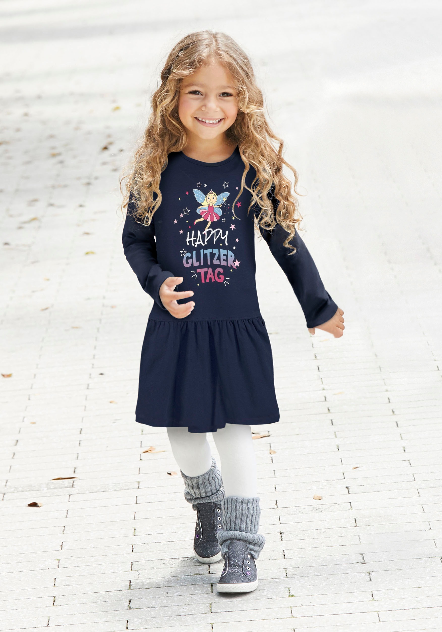 Image of KIDSWORLD Jerseykleid "HAPPY GLITZER TAG" kniefreie Länge, verspielter Look, aus Baumwollmischung