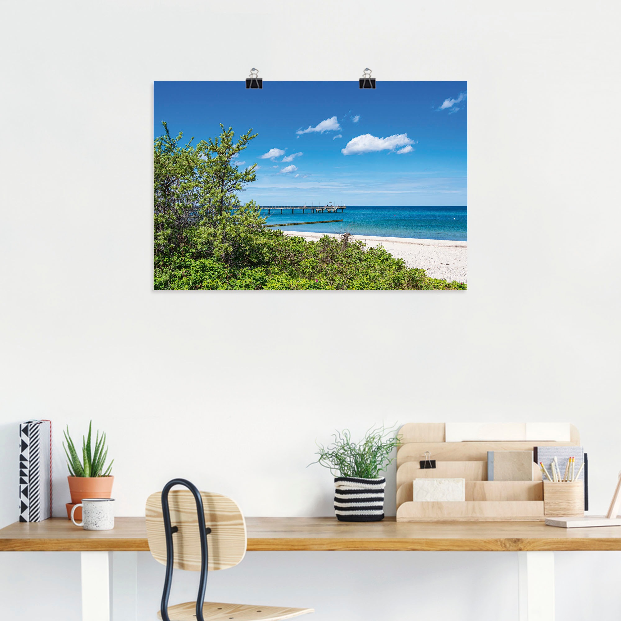 Artland Wandbild »Strand und Seebrücke an Ostseeküste«, Strandbilder, (1 St.), als Alubild, Leinwandbild, Wandaufkleber oder Poster in versch. Grössen