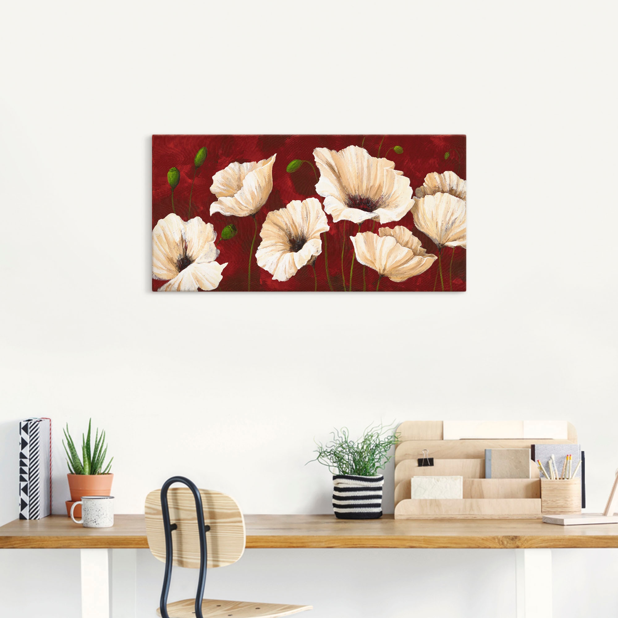 Artland Wandbild »Weisse Mohnblumen vor rot« Blumen 1 Stk. tlg. als Leinwandbild, Poster in verschied. Grössen