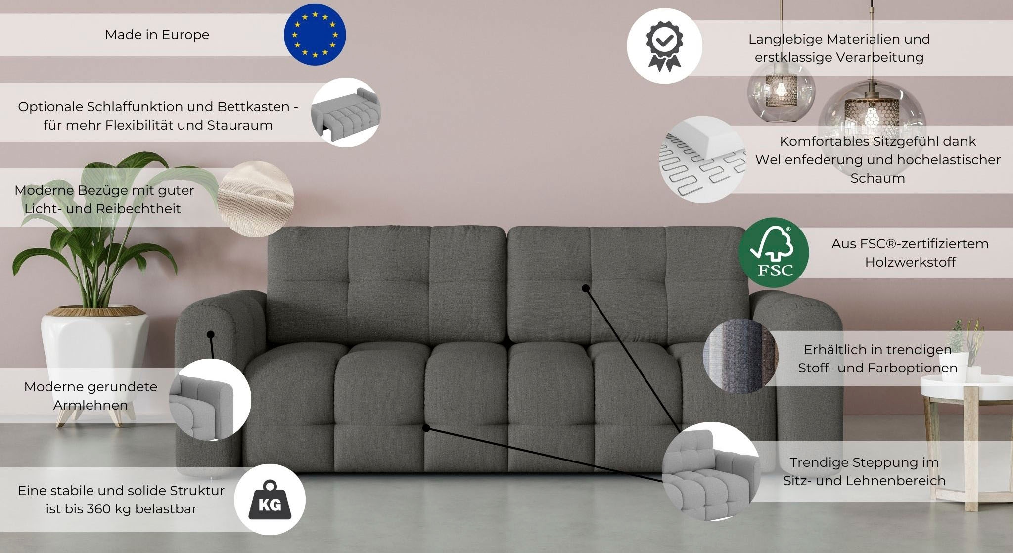 GOODproduct 3-Sitzer »Manilla, wahlweise mit Bettfunktion, B/T/H 265/117/91 cm« mit Wellenunterfederung, in verschiedenen Materialien und Farben