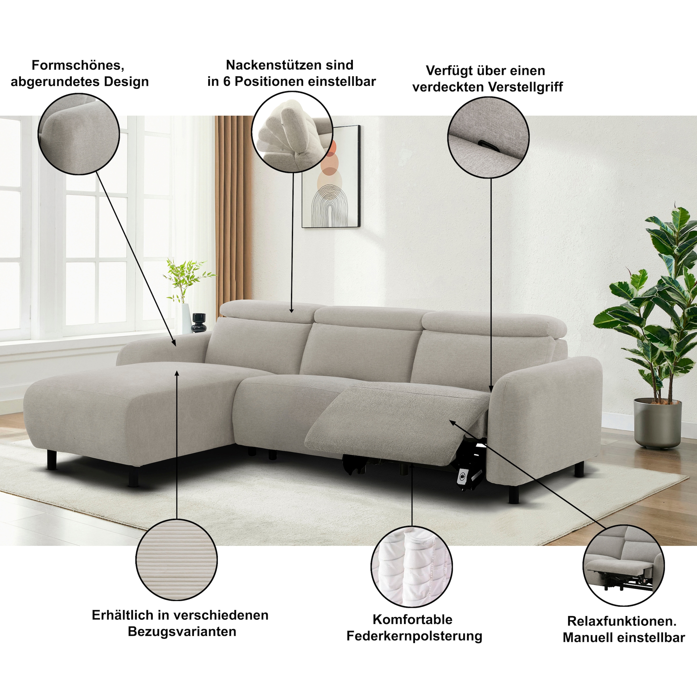 Home affaire Ecksofa »SKAANE Lederoptik, L-Form, 274 cm, manuelle/elektrische Relaxfunktion,« rundes Design, Kopfteilverstellung, Federkernpolsterung