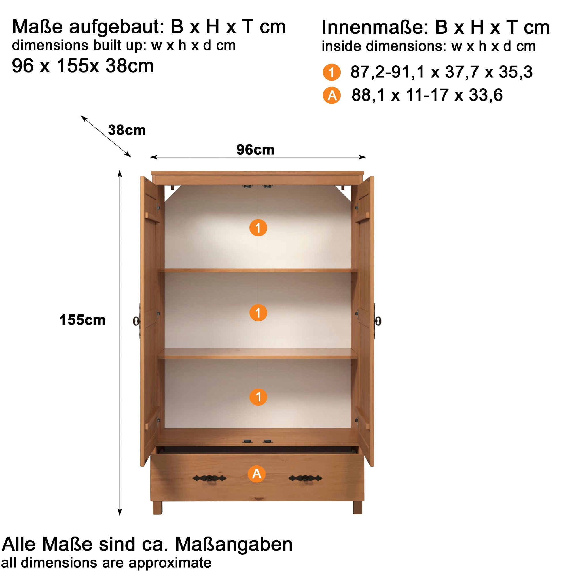 Home affaire Kleiderschrank »Sandnes Kieferschrank Schlafzimmer Schrank TOPSELLER weiss« natürlicher Landhaus-Look B/T/H: 96x38x155cm, 1 Stk. tlg. Drehtürenschrank aus Massivholz mit besonderen Metallgriffen