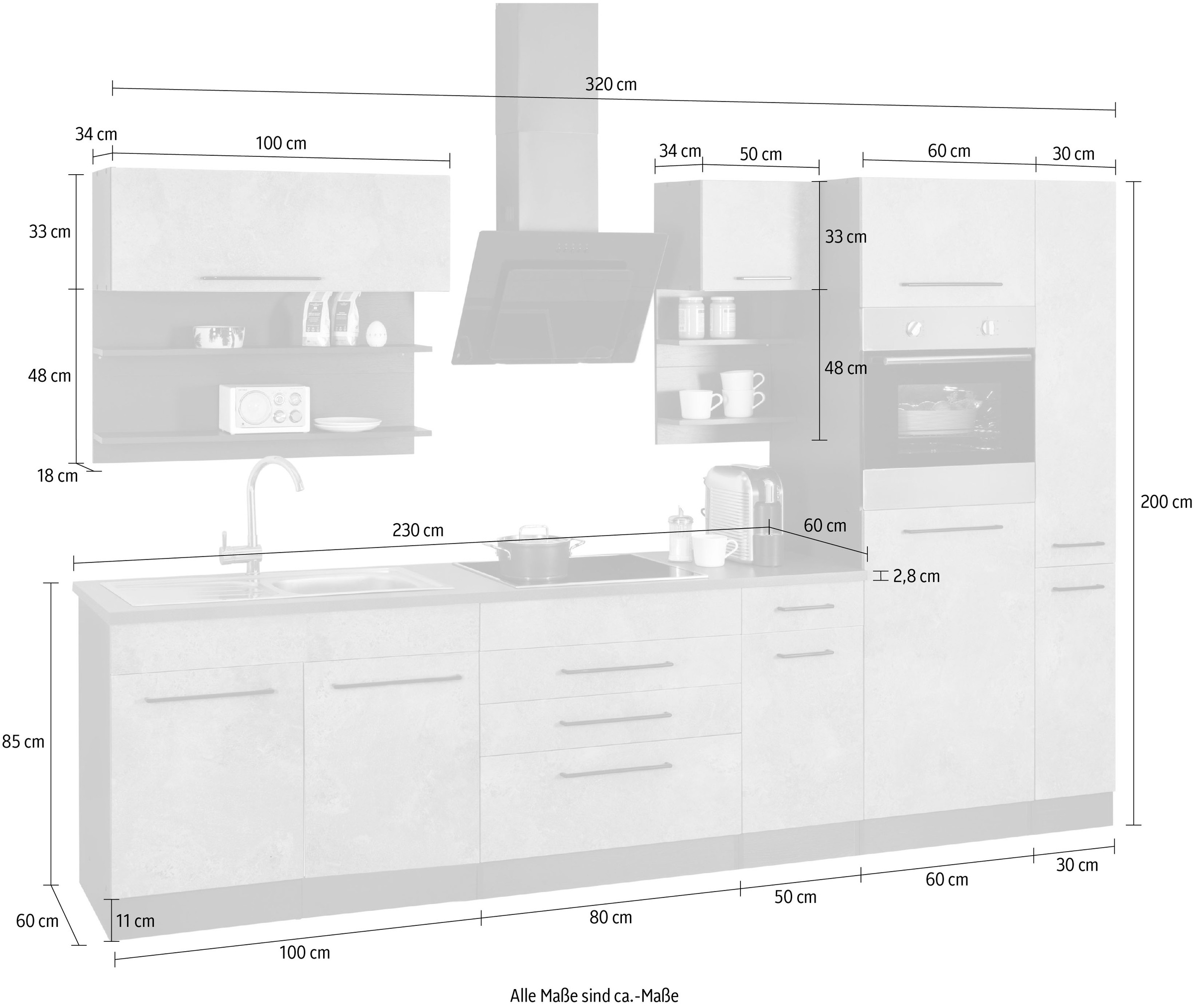 KOCHSTATION Küchenzeile »KS-Tulsa« ohne E-Geräte, Breite 320 cm, schwarze Metallgriffe, MDF Fronten