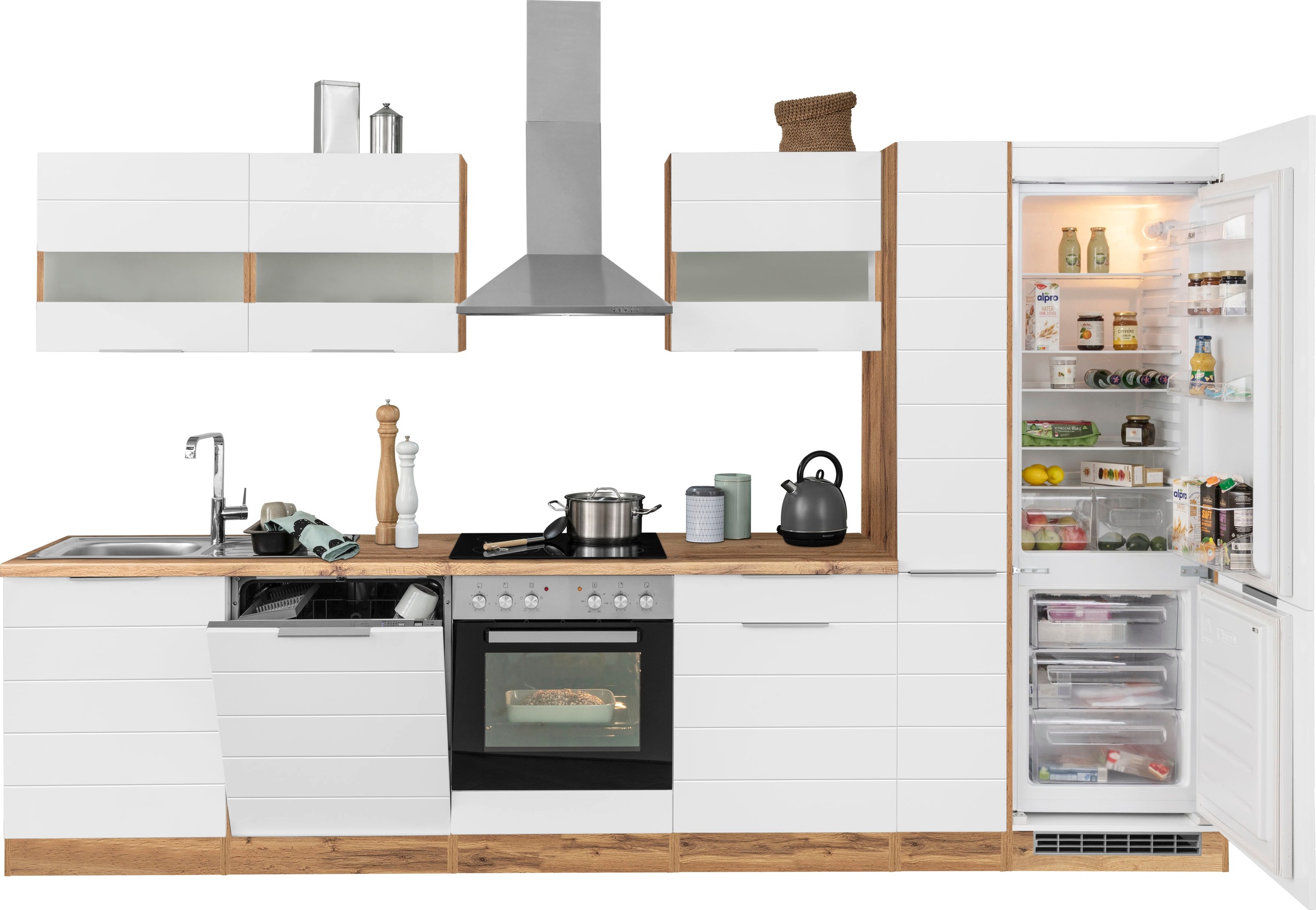 KOCHSTATION "KS-Luhe" 330 cm breit, wahlweise mit oder ohne E-Geräten, gefräste MDF-Fronten