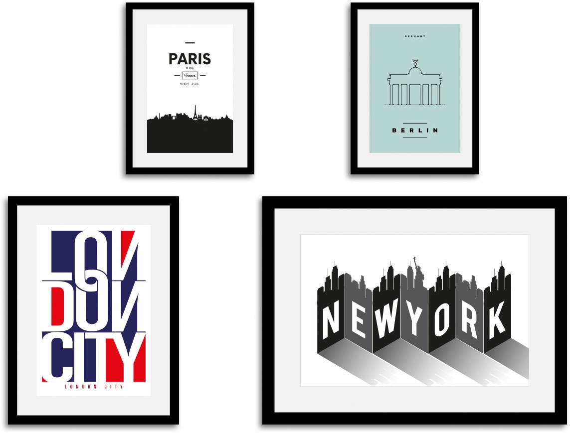queence Bild »Metropole« Abstrakt | Amerika | Frankreich | Schriftzug | Schriftzüge | Schwarz-Weiss | Städte 4 Stk. tlg. gerahmt