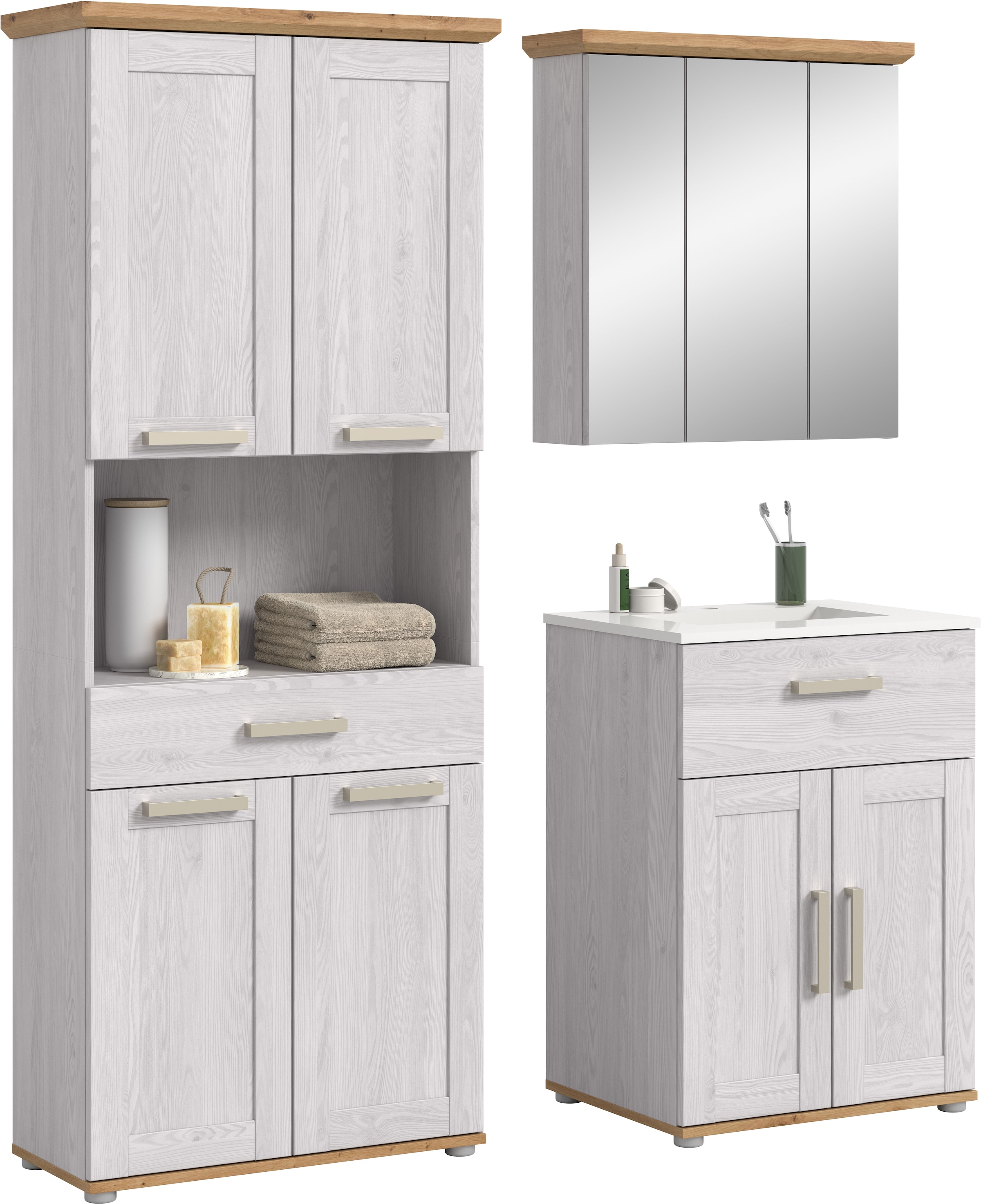 Image of welltime Badmöbel-Set "COSENZA" 1 Hochschrank, 1 Waschtisch inkl. Waschbecken, 1 Spiegelschrank, 3 Stk. tlg.