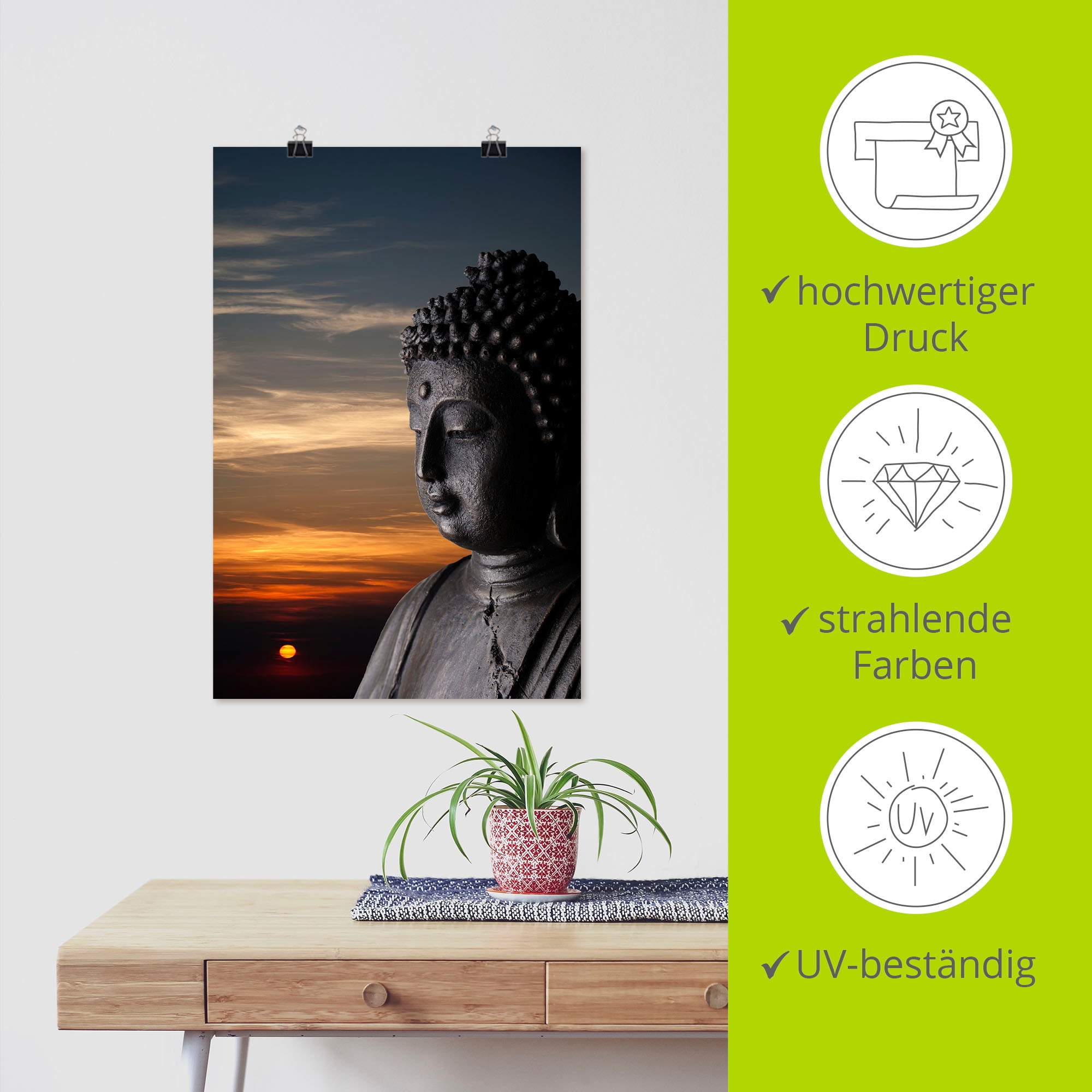 Artland Wandbild »Buddha Statue vor Sonnenuntergang«, Buddhismus, (1 St.), als Alubild, Leinwandbild, Wandaufkleber oder Poster in versch. Grössen