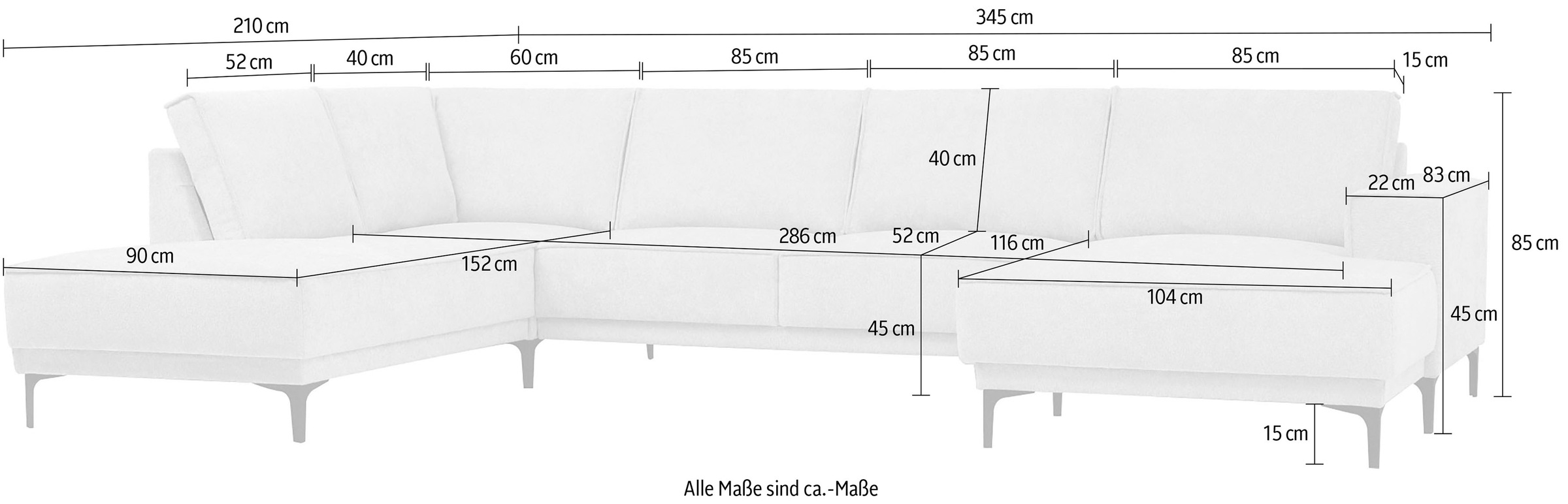 Home affaire Wohnlandschaft »OLAND Bouclé U-Form, XXL, B: 345 cm, Skandi-Design« U-Form, 345 cm, Wellenunterfederung, Skandi-Design, Metallfüsse