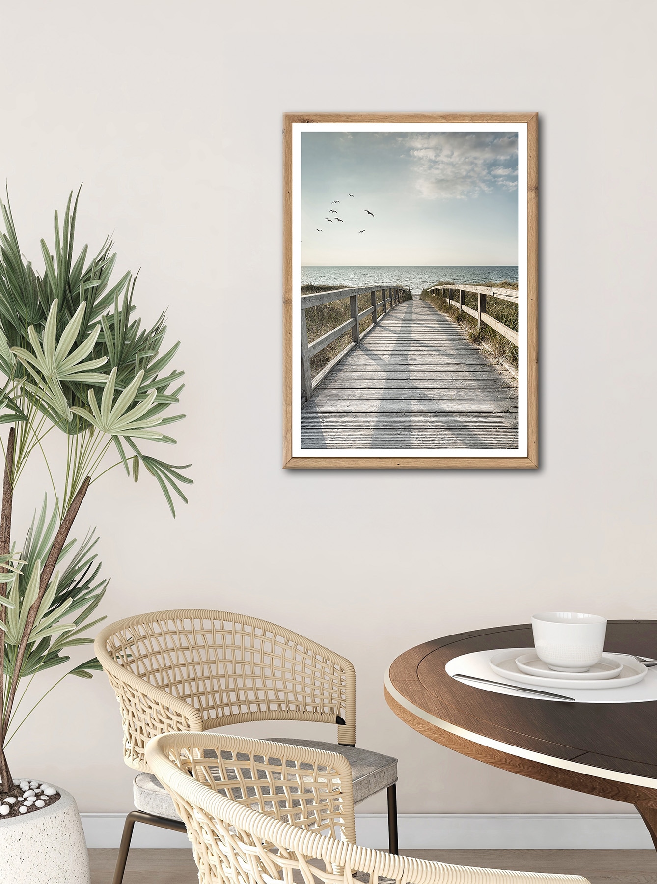 Bönninghoff Bild mit Rahmen »Wandbild gerahmt STEG ZUM MEER 50x70 cm – Maritime Küsten Deko« Meer | Natur | Steg | Strand | Vögel 1 Stk. tlg. mit dekorativem Rahmen