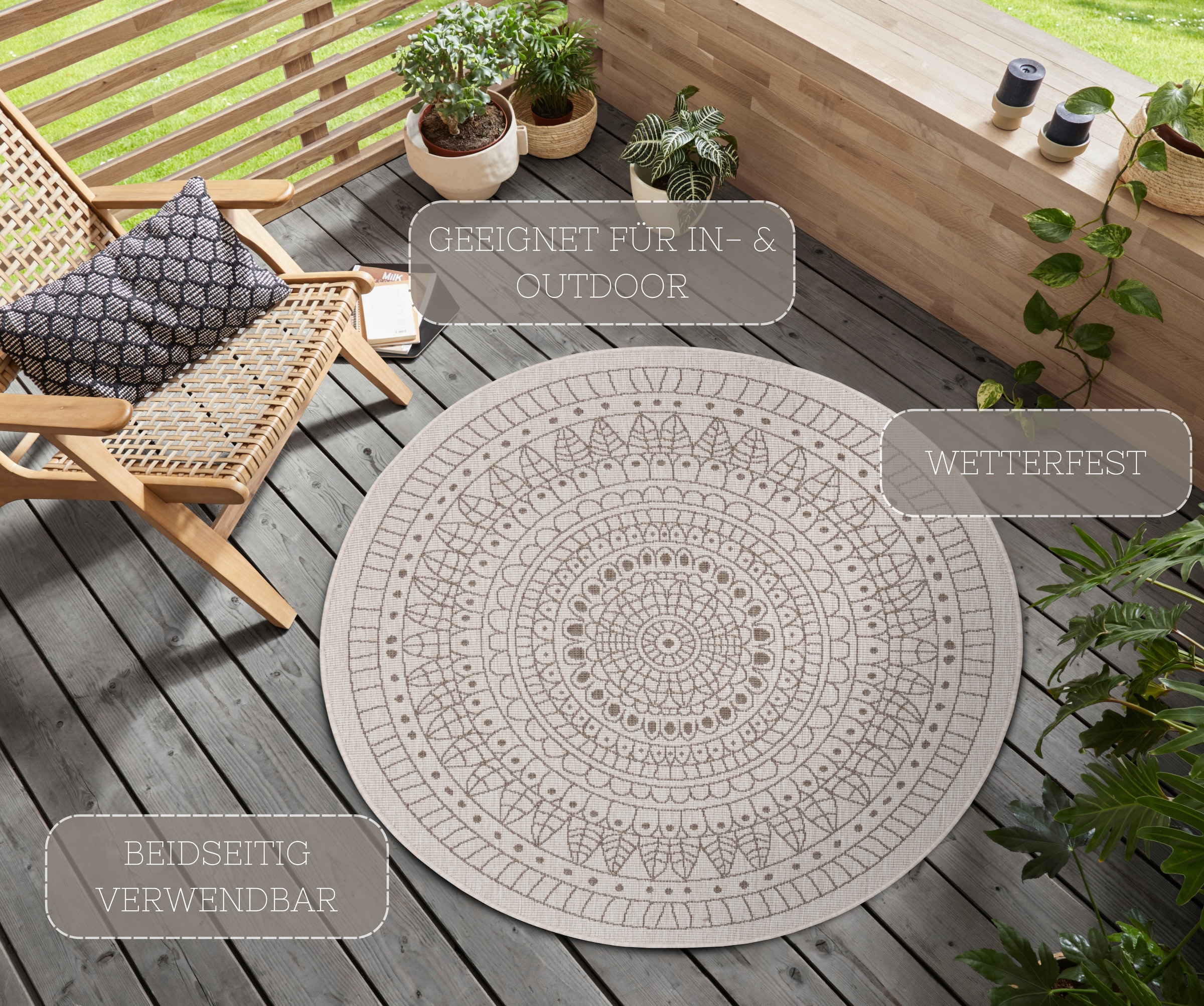 NORTHRUGS Teppich »Porto Wendeteppich«, rund, In-& Outdoor, Wetterfest, Balkon, Garten, Wohnzimmer, Wasserfest