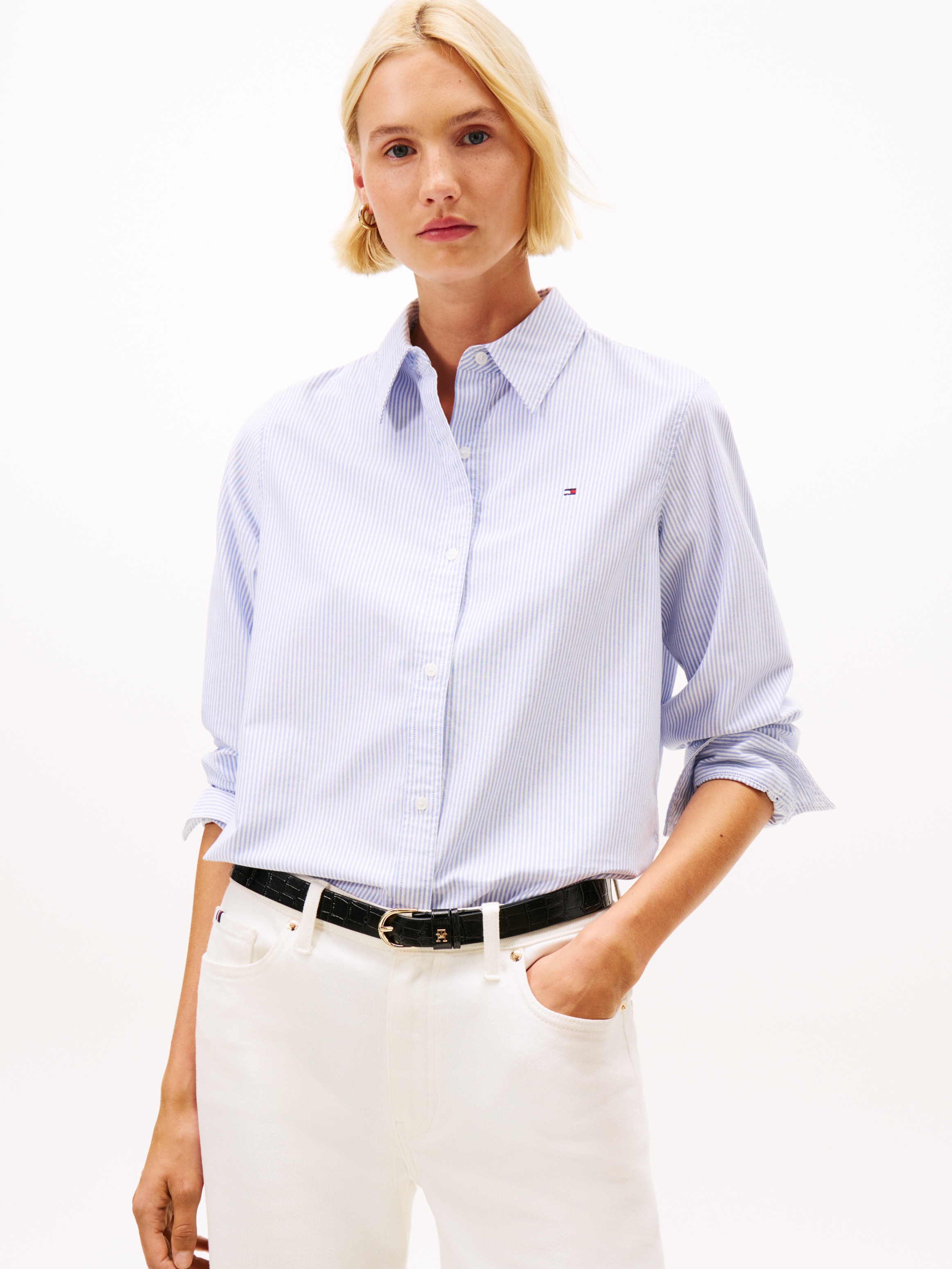 Tommy Hilfiger Hemdbluse »OXFORD RELAXED FIT SHIRT mit Hemdblusenkragen und Stickerei« mit Streifen