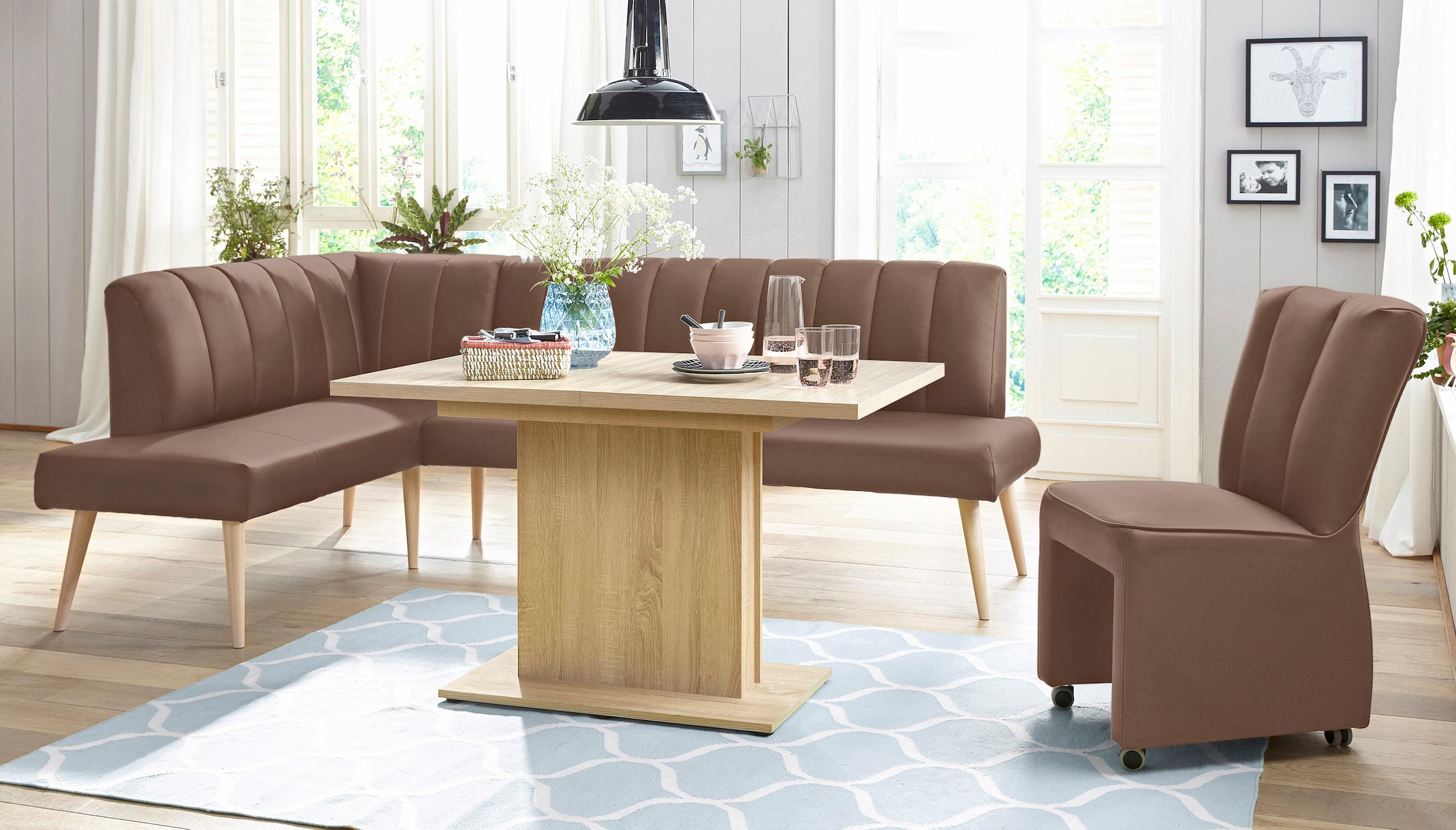 exxpo - sofa fashion Eckbank »Costa, moderne Rückensteppung, bequem und elegant, hoher Holzfuss«, hochwertig verarbeitet, Frei im Raum stellbar