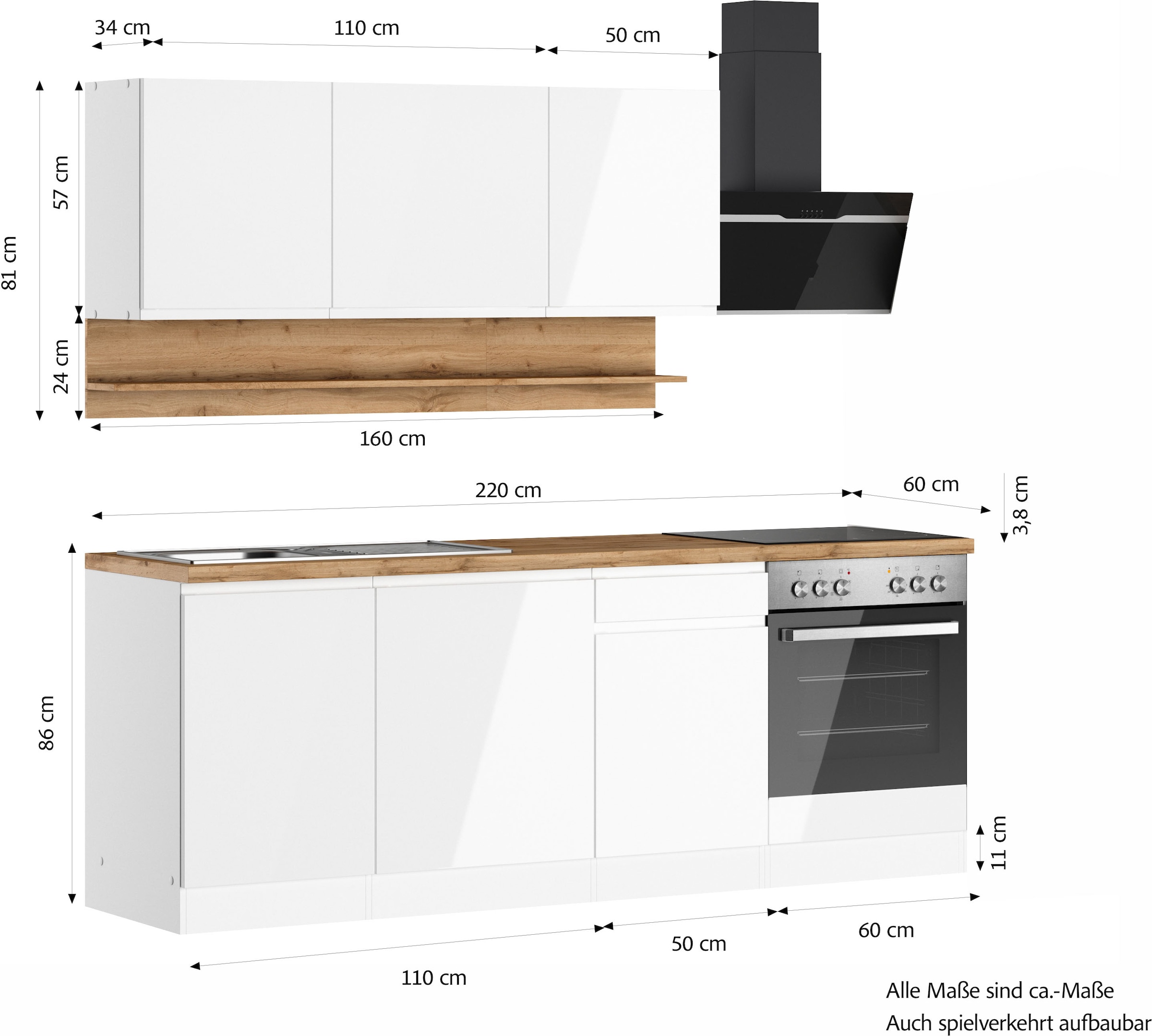 KOCHSTATION Kitchenette »KS-Virginia,neu in verbesserter Ausführung« plan de travail épaisseur 38 mm, rangement, fermeture douce,  largeur 220 cm, soft-close, avec appareils électroménagers en option