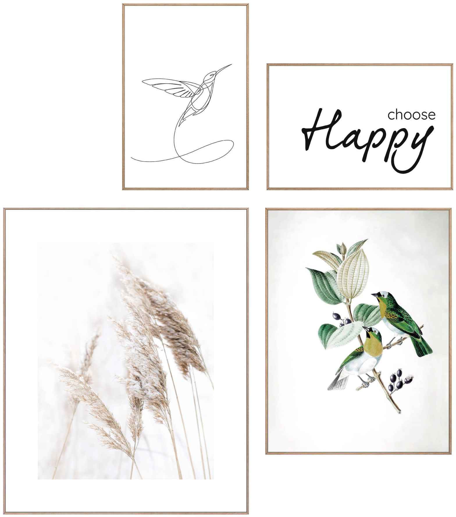 Image of Reinders! Wandbild »Wandbilder Set Botanische Vögel Glück - Natur - Blum - Pampas - Happy«, Vögel, (4 St.) bei Ackermann Versand Schweiz