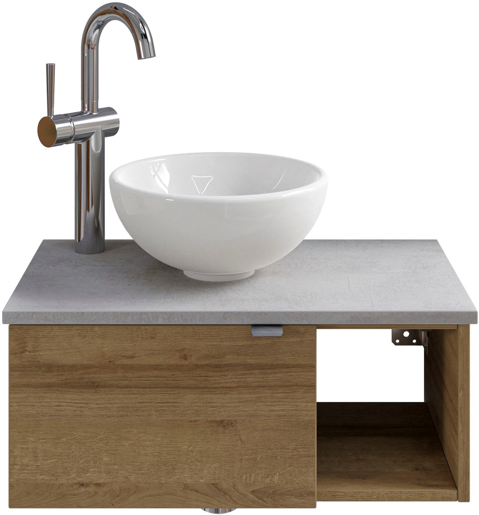 Image of Saphir Waschtisch "Serie 6915 Waschschale mit Unterschrank für Gästebad, Gäste WC" Keramik-Aufsatzbecken, Waschtischplatte, Waschtischunterschrank, 3 Stk. tlg. 61 cm breit, 1 Tür, offenes Fach, kleine Bäder, ohne Armatur