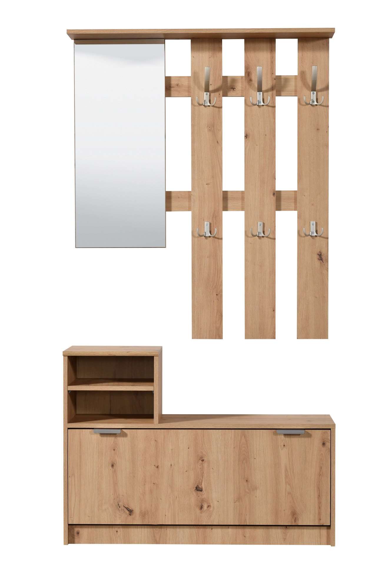 INOSIGN Garderoben-Set »Ravenna Flurgarderobe, Dielenschrank, Kompaktgarderobe, Breite 100 cm«, (Komplett-Set, 2 St.), inkl. Schuhschrank und Garderobenpaneel, mit Klapptür, Spiegel, Haken
