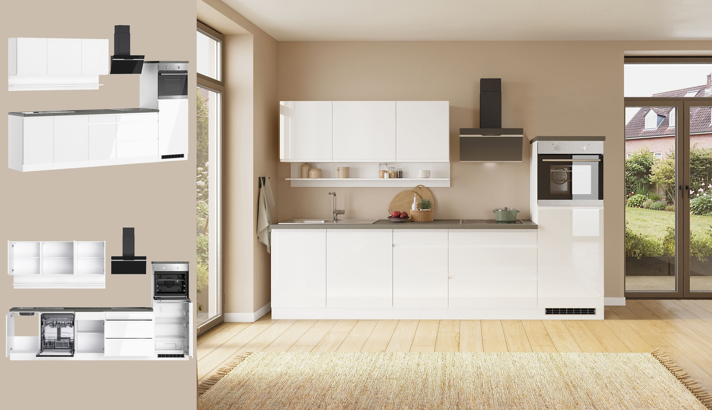 KOCHSTATION Kitchenette »KS-Virginia,neu in verbesserter Ausführung« plan de travail épaisseur 38 mm, rangement, fermeture douce,  largeur 300 cm, fermeture douce, avec appareils électriques en option