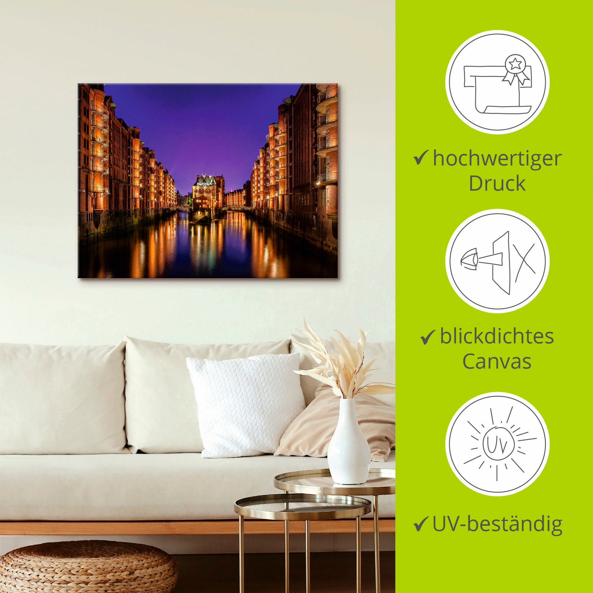 Artland Leinwandbild »Hamburg Speicherstadt bei Nacht« Gebäude 1 Stk. tlg. auf Keilrahmen gespannt