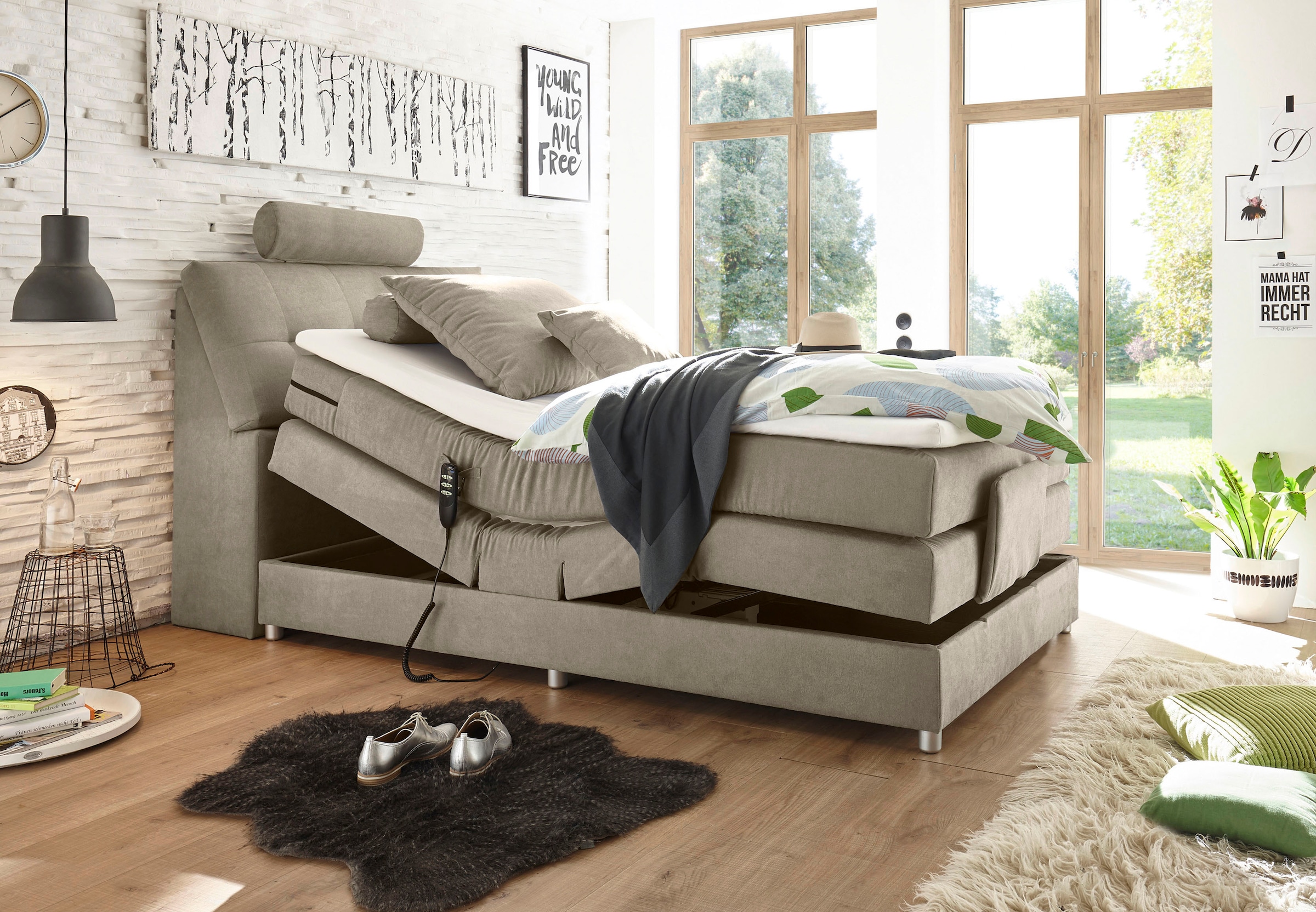 ED EXCITING DESIGN Lit boxspring »Palermo« inkl. Motor, Topper, Kopfstütze und Stauraum im Kopfteil
