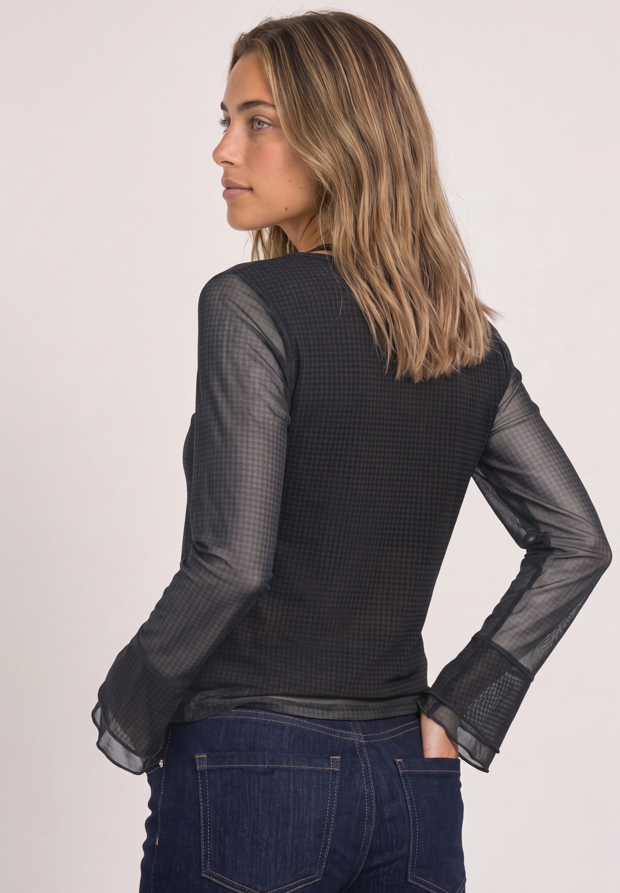 STREET ONE Shirt à col rond en mesh avec manches longues à volant
