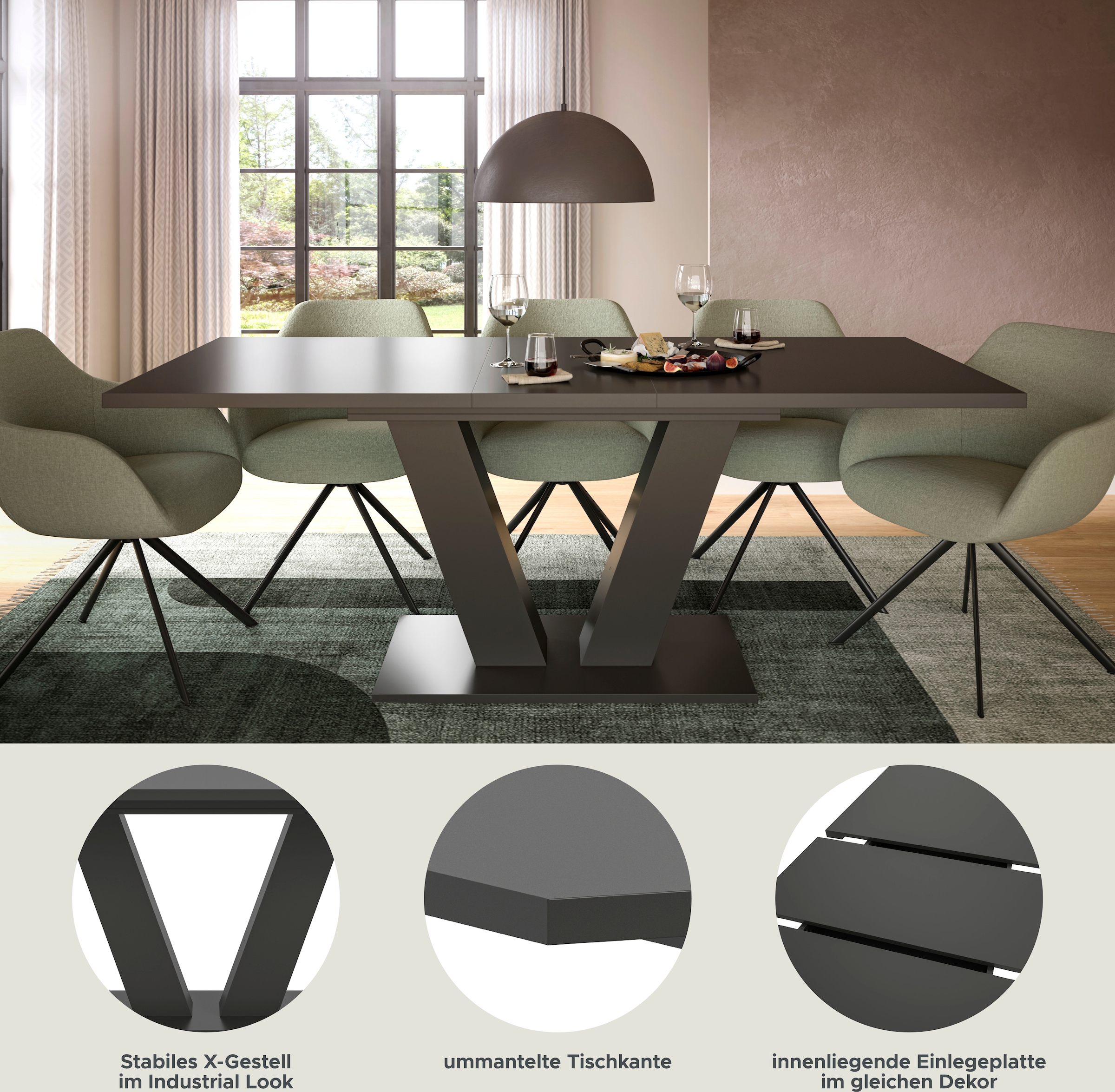 INOSIGN Esstisch »Motus, ausziehbar 150 -190 cm, inklusive 40 cm Einlegeplatte«, (Set, 1 St.), V-Gestell mit Bodenplatte, Tisch, Küchentisch, Esszimmer, Küche