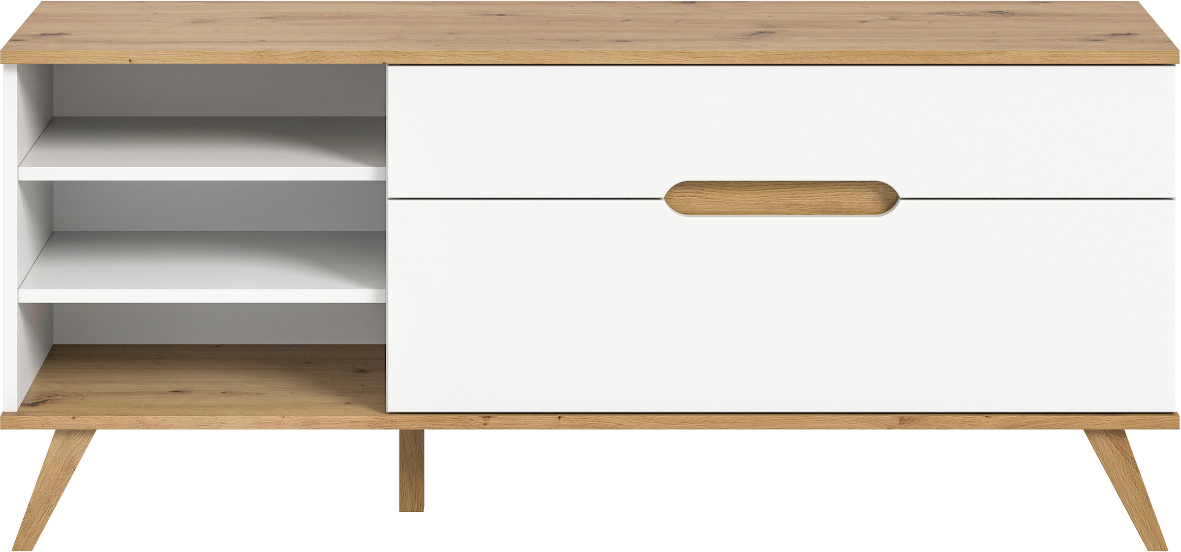 Home affaire Lowboard »Alesund, Breite 140 cm, 1 Klappe, 1 Schubkasten, konischer Fuss«, Scandi-Look, TV-Möbel, TV-Schrank, TV-Lowboard, Mediaboard, Wohnmöbel