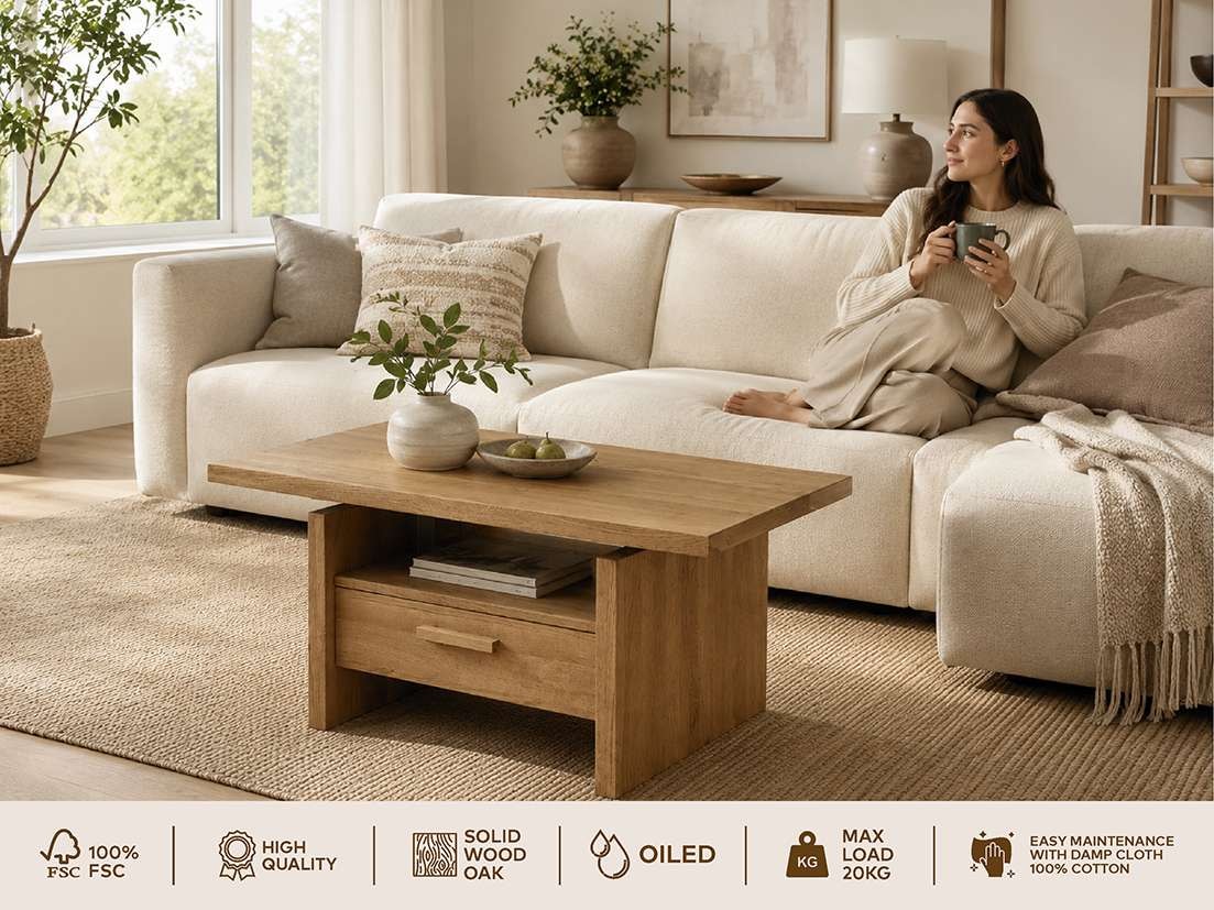 GOODproduct Couchtisch »Ravenna, Kaffeetisch« Wildeiche Natur/Smoke massiv, Liftfunktion, Schublade, Ablage