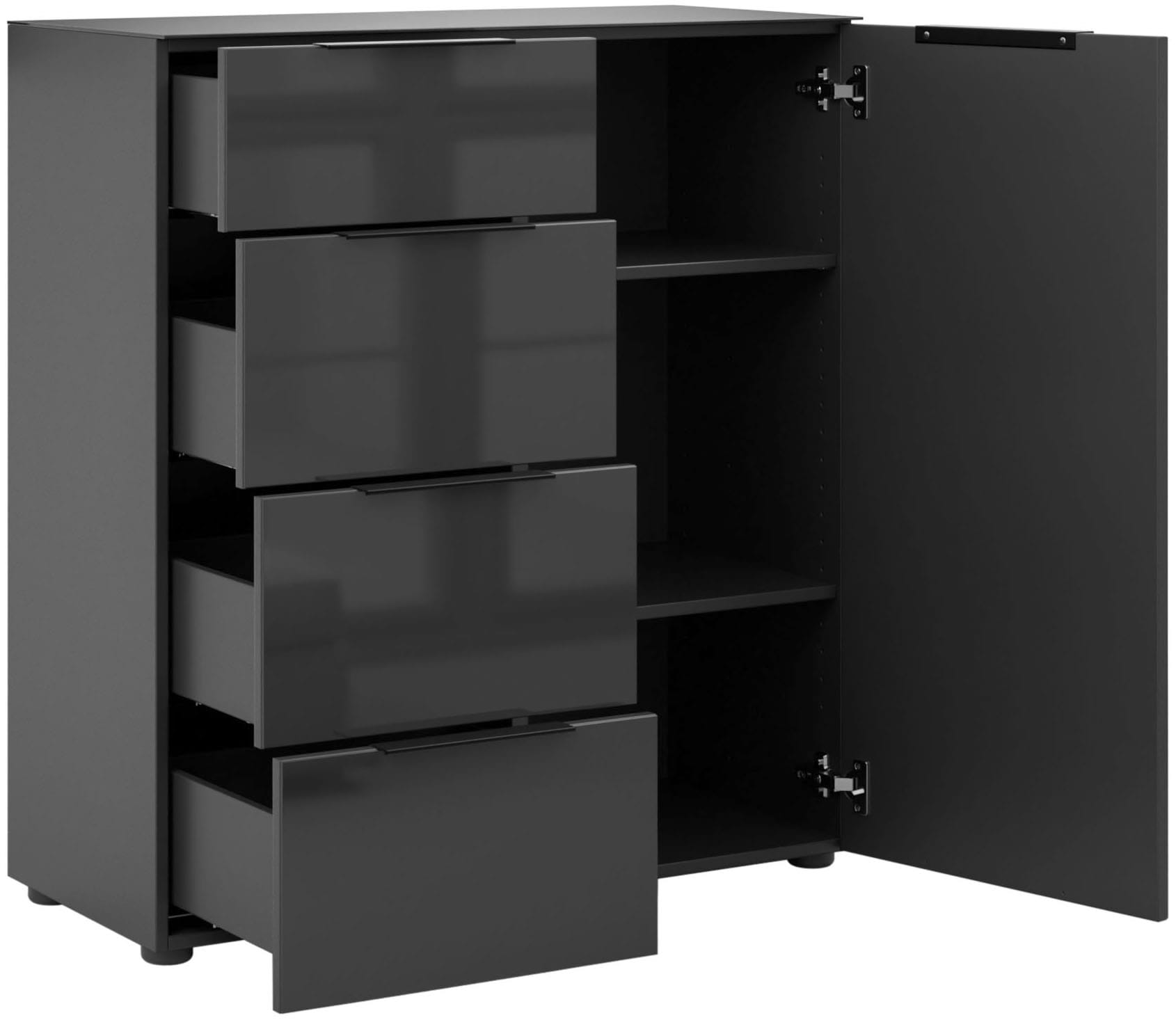 Manjana Möbel Kommode »mit Chrom oder Schwarz matten Metallgriffen & Glasfront, Soft-Close« melaminbeschichteter Korpus, mit Vollauszug, Made in Germany