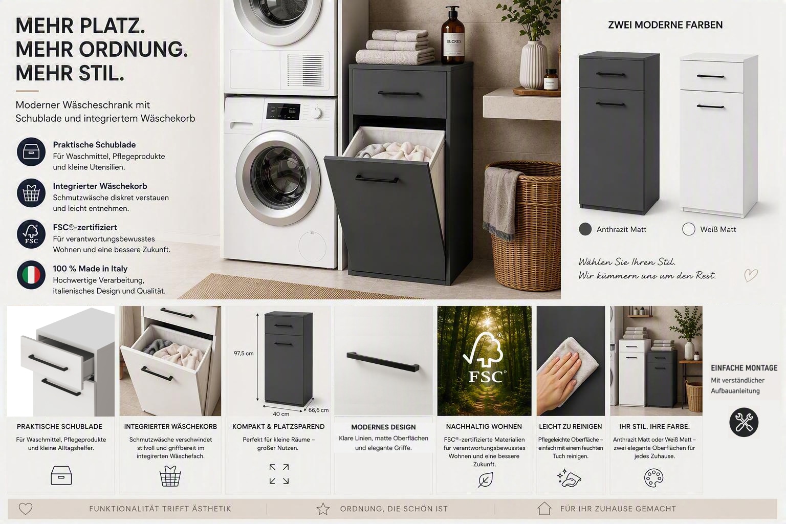 KOCHSTATION Wäscheschrank »KS-Linda« Breite 40 cm, mit integriertem Wäschekorb, 25mm starke Wände