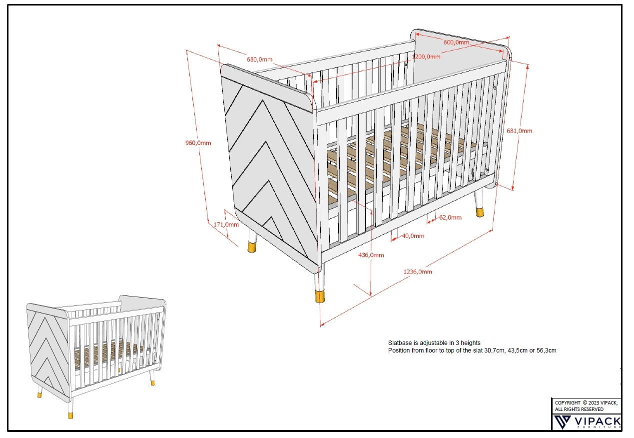 Vipack Lit d'enfant »Billy, Babybett 60/120 cm, 3-fach verstellbarer Lattenrost« L/H/P env. 123,6x96x68 cm, finition de qualité, look moderne,  Exécution MDF laqué, au choix 3 couleurs