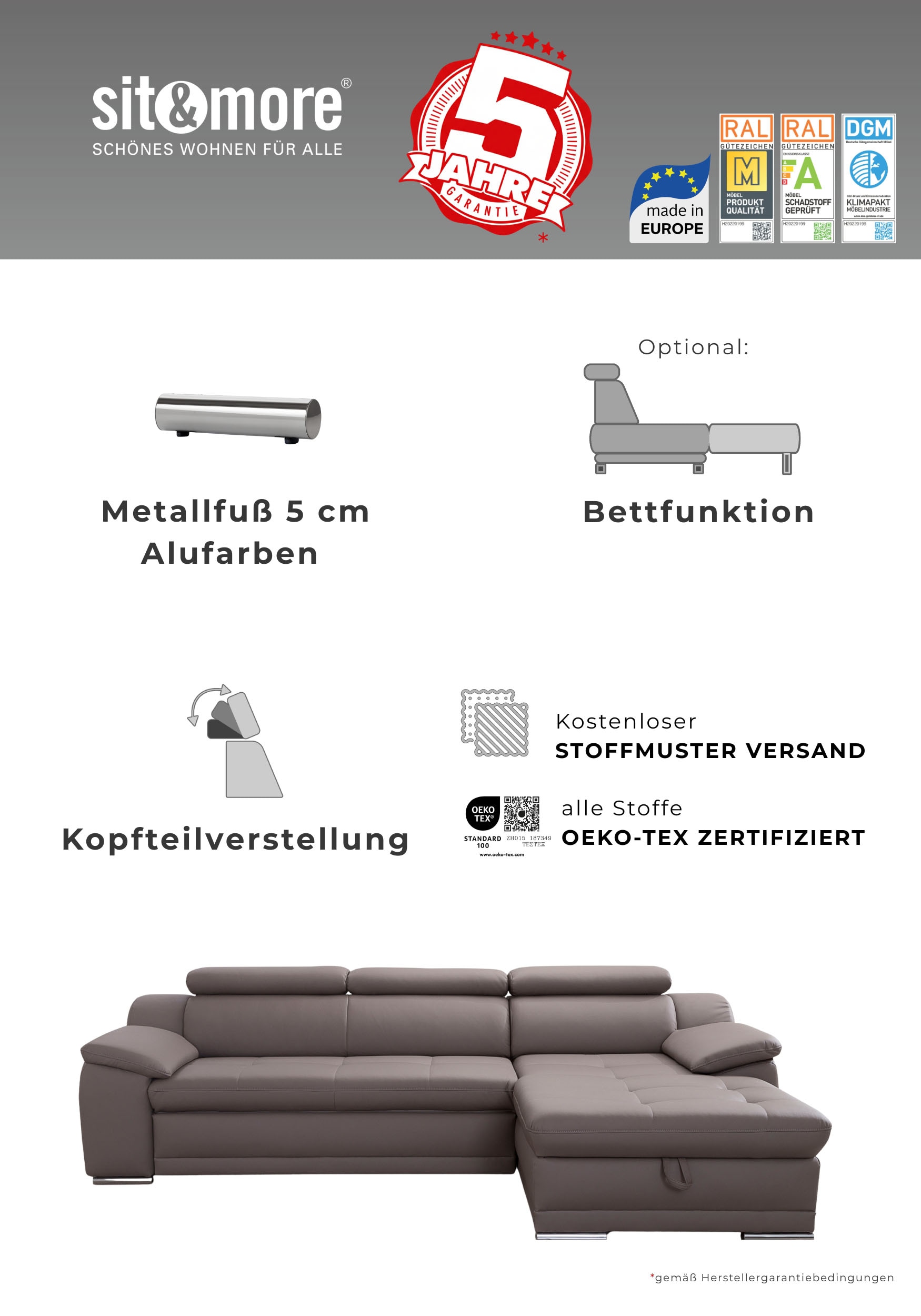 sit&more 3-Sitzer »Andiamo« inklusive Kopfteilverstellung