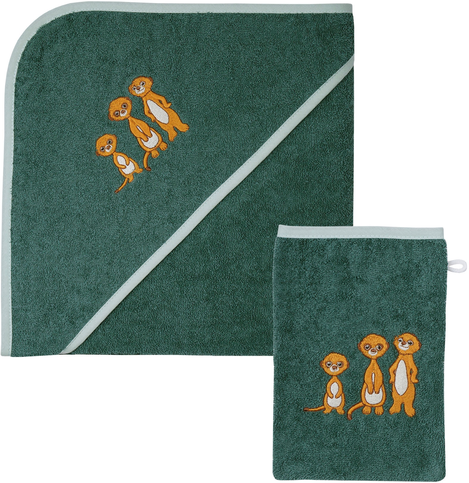 Image of Wörner Handtuch Set "Erdmännchen Kapuzenbadetuch 100/100 mit Waschhandschuh" mit süsser Stickerei Erdmännchen