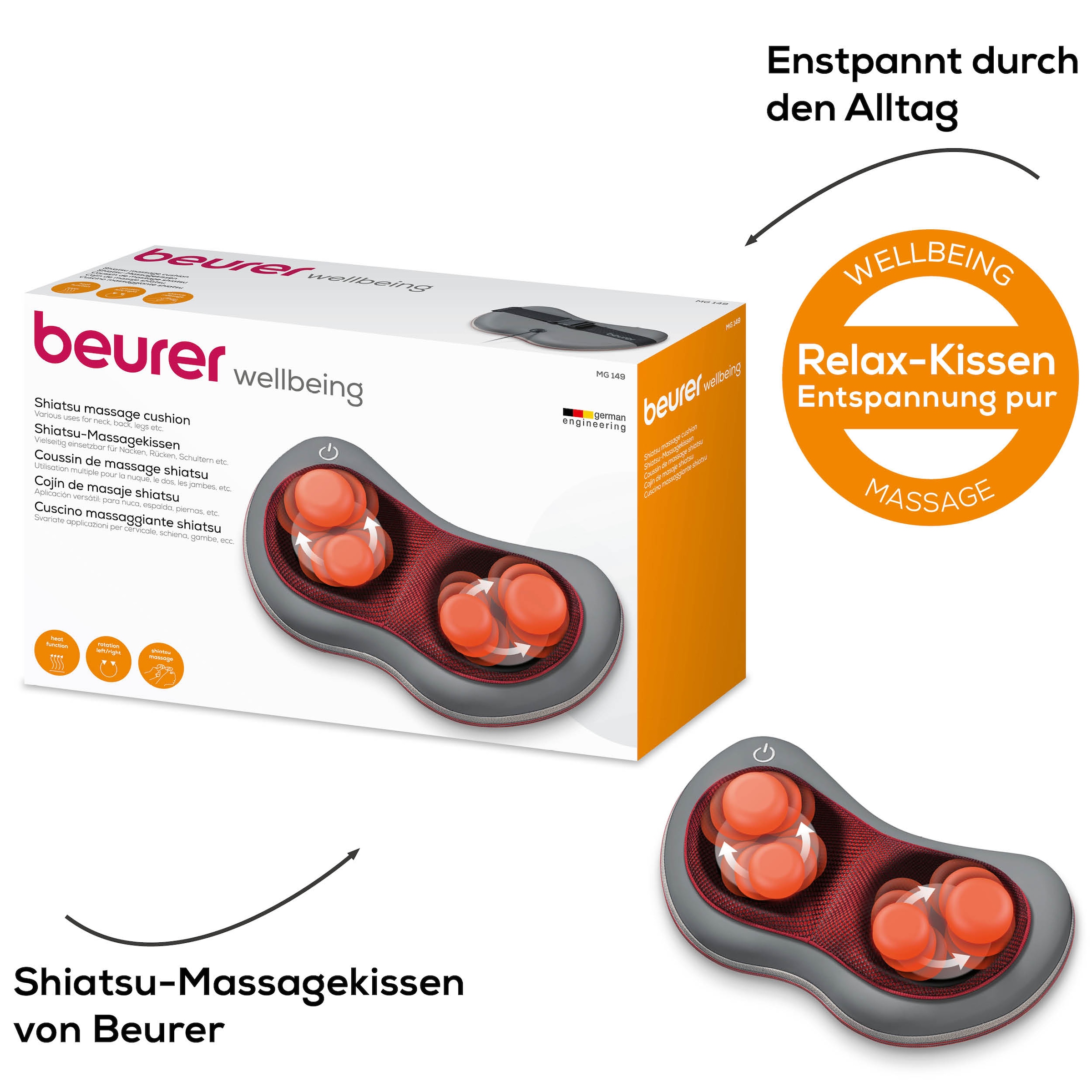 Image of BEURER Shiatsu-Massagekissen "MG 149 für wohltuende Shiatsu-Massagen mit 4 Massageköpfen" Mit Licht- und Wärmefunktion, waschbarer Bezug bei 30C
