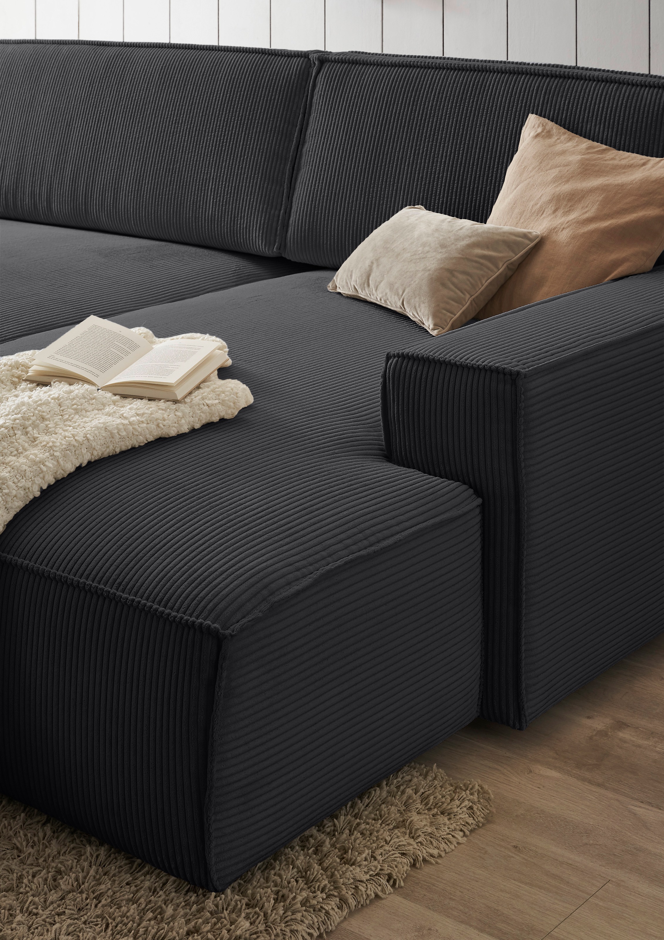 Home affaire Canapé d'angle »NEU: SHERWOOD XXL 284, Big-Sofa L-Form, tiefe Sitzfläche 95 cm, Cord« Recamiere rechts/links, als Schlafsofa stellbar, Cord u. Leinenoptik