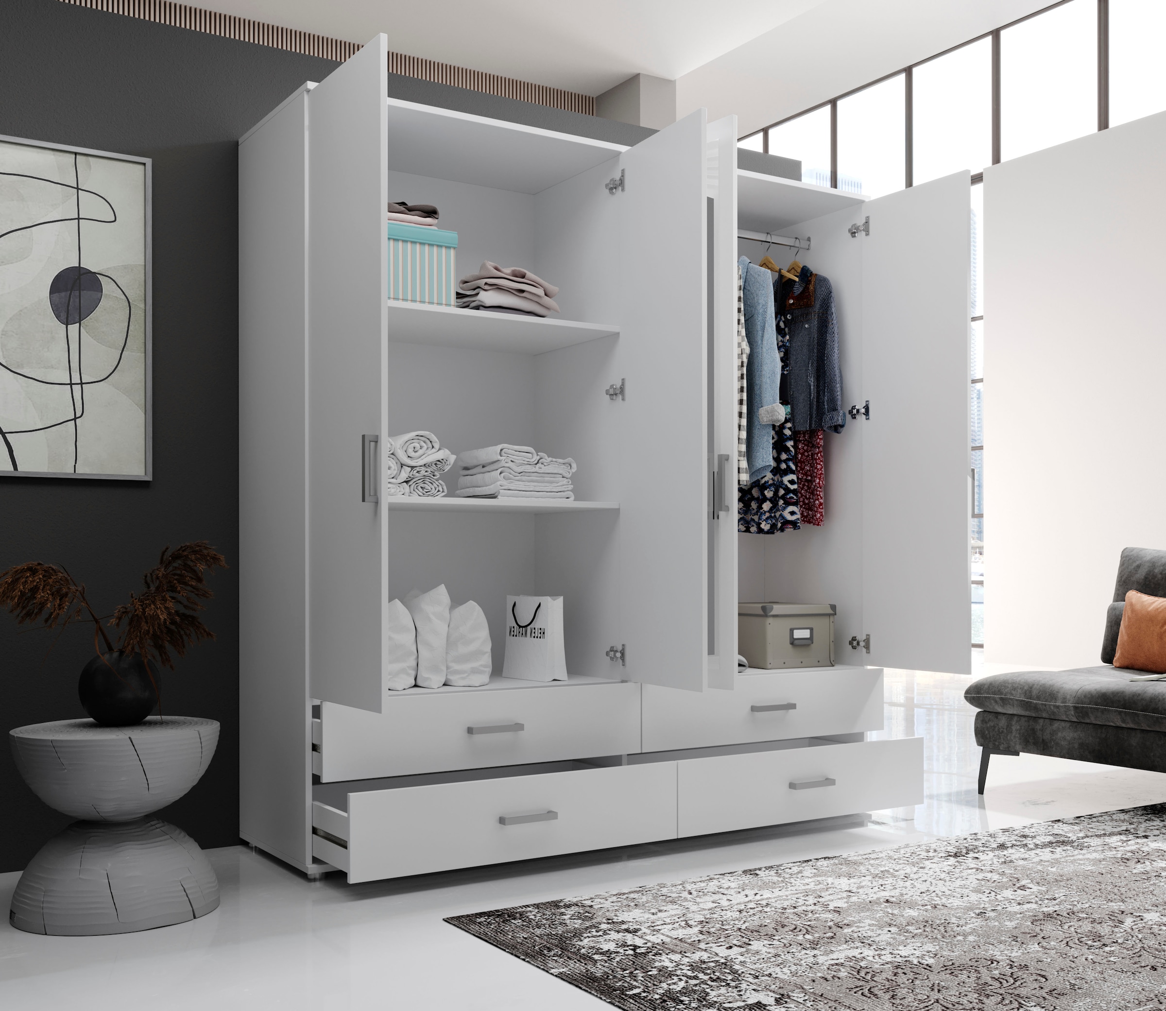 Schlafkontor Drehtürenschrank »Ivar Kleiderschrank mit Spiegel«, inklusive 2 Spiegeltüren und 2 farblich abgesetzten Schubkästen